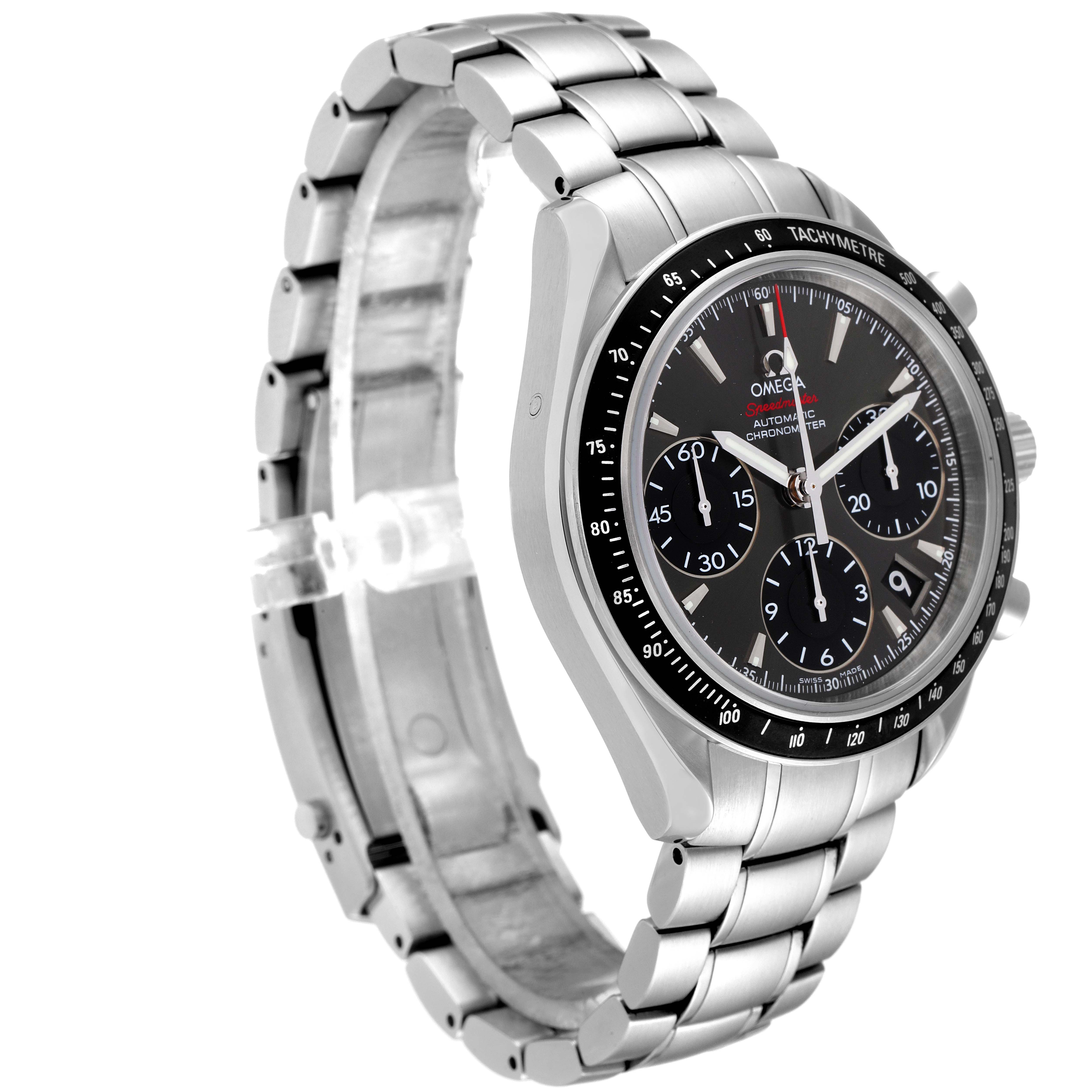 The image shows a side angle of an Omega Speedmaster 323.30.40.40.06.001 Men's Stainless Steel Grey Dial 323.30.40.40.06.001 Men's Stainless Steel Grey Dial watch, highlighting the bracelet, case, and dial.
