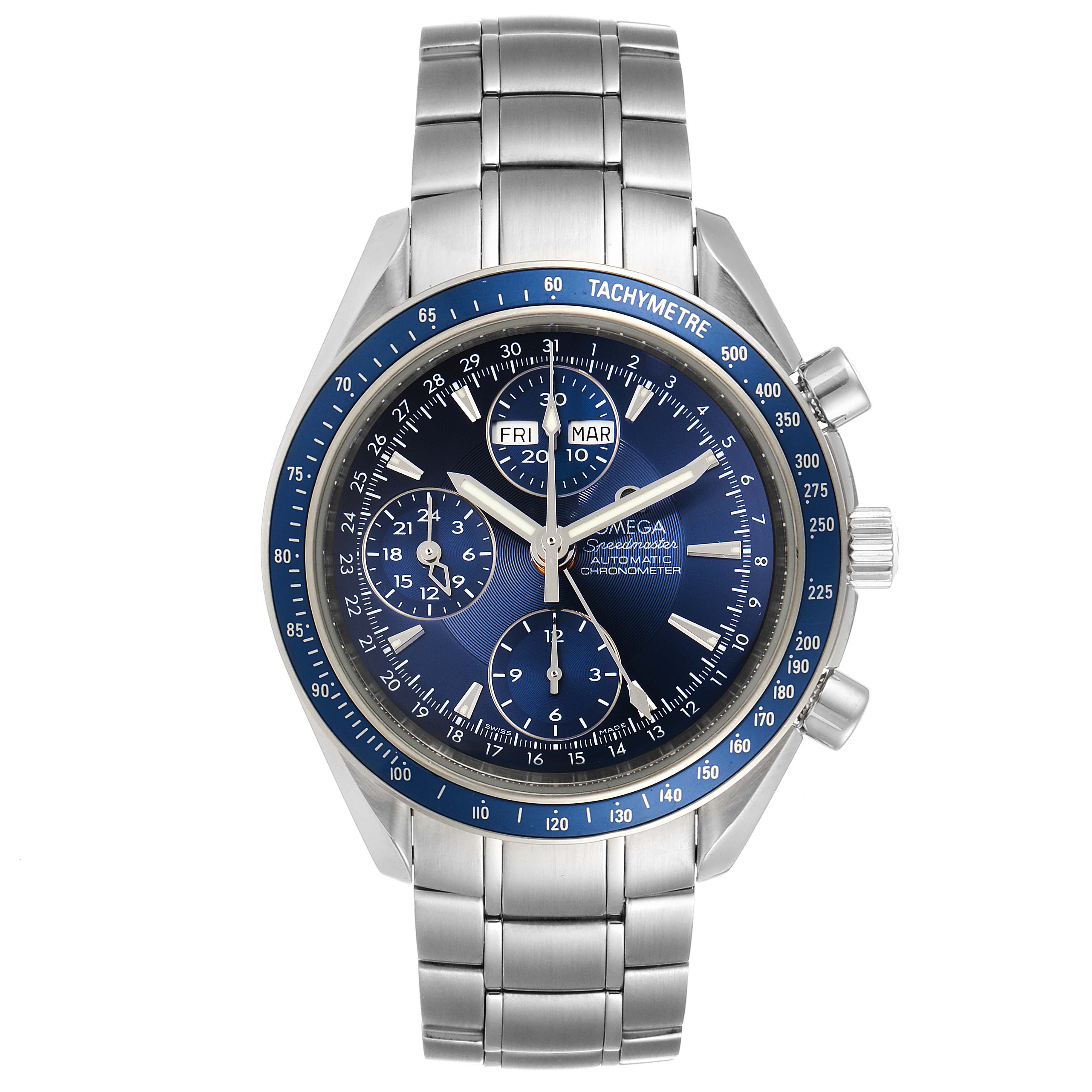This is a frontal view of an Omega Speedmaster 3222.80.00 Men
s Stainless Steel Blue Dial 3222.80.00 Men
s Stainless Steel Blue Dial watch, showing the dial, bezel, and bracelet.