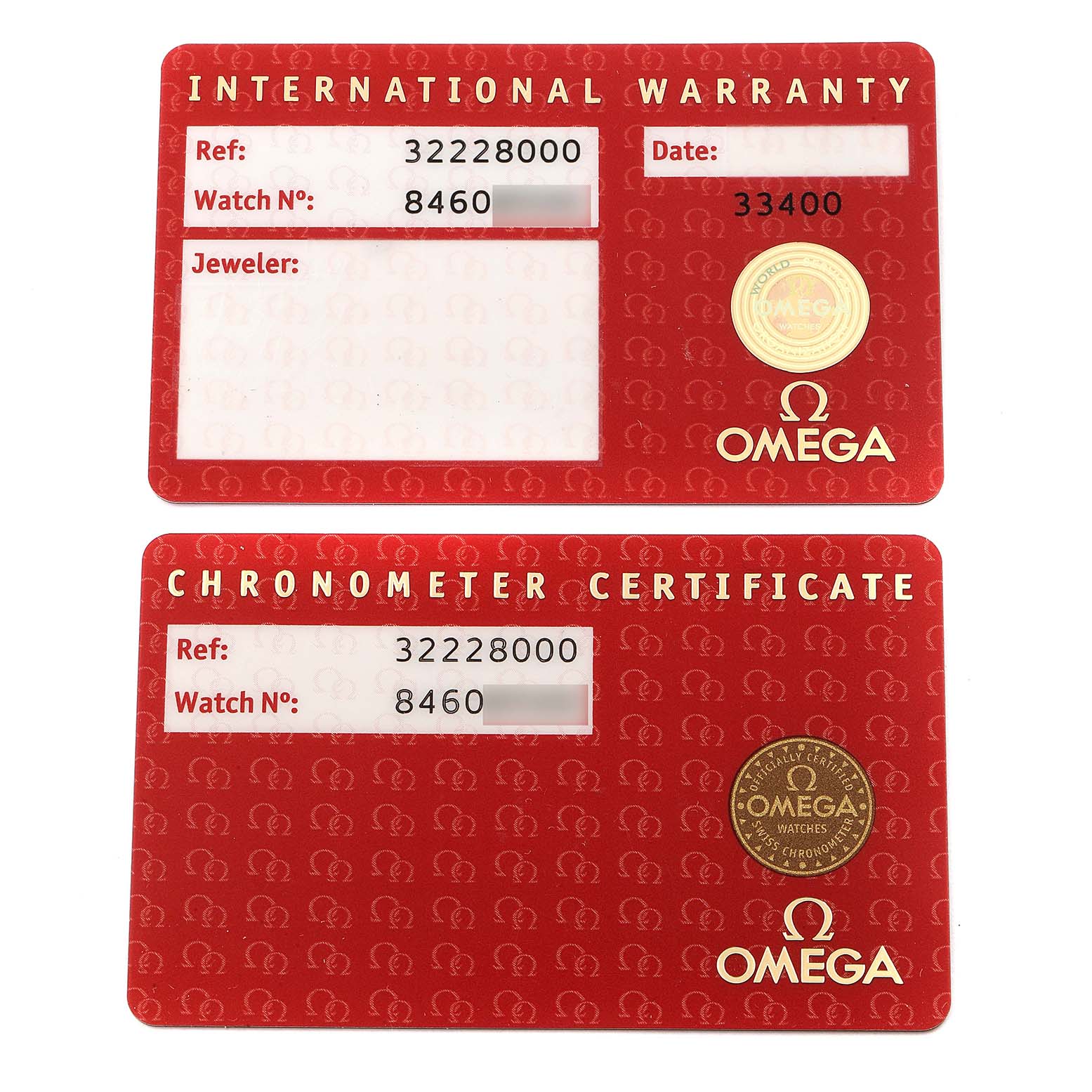 The image shows two warranty and certification cards for an Omega Speedmaster 3222.80.00 Men
s Stainless Steel Blue Dial 3222.80.00 Men
s Stainless Steel Blue Dial watch from a top-down angle.