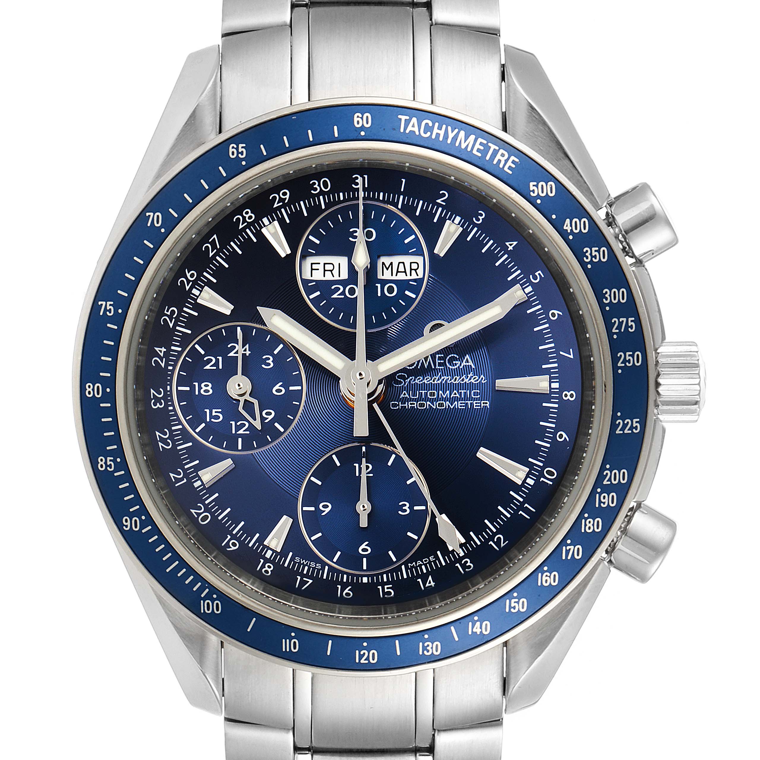 The image shows a front view of an Omega Speedmaster 3222.80.00 Men
s Stainless Steel Blue Dial 3222.80.00 Men
s Stainless Steel Blue Dial watch, highlighting the dial, tachymetre bezel, and pushers.