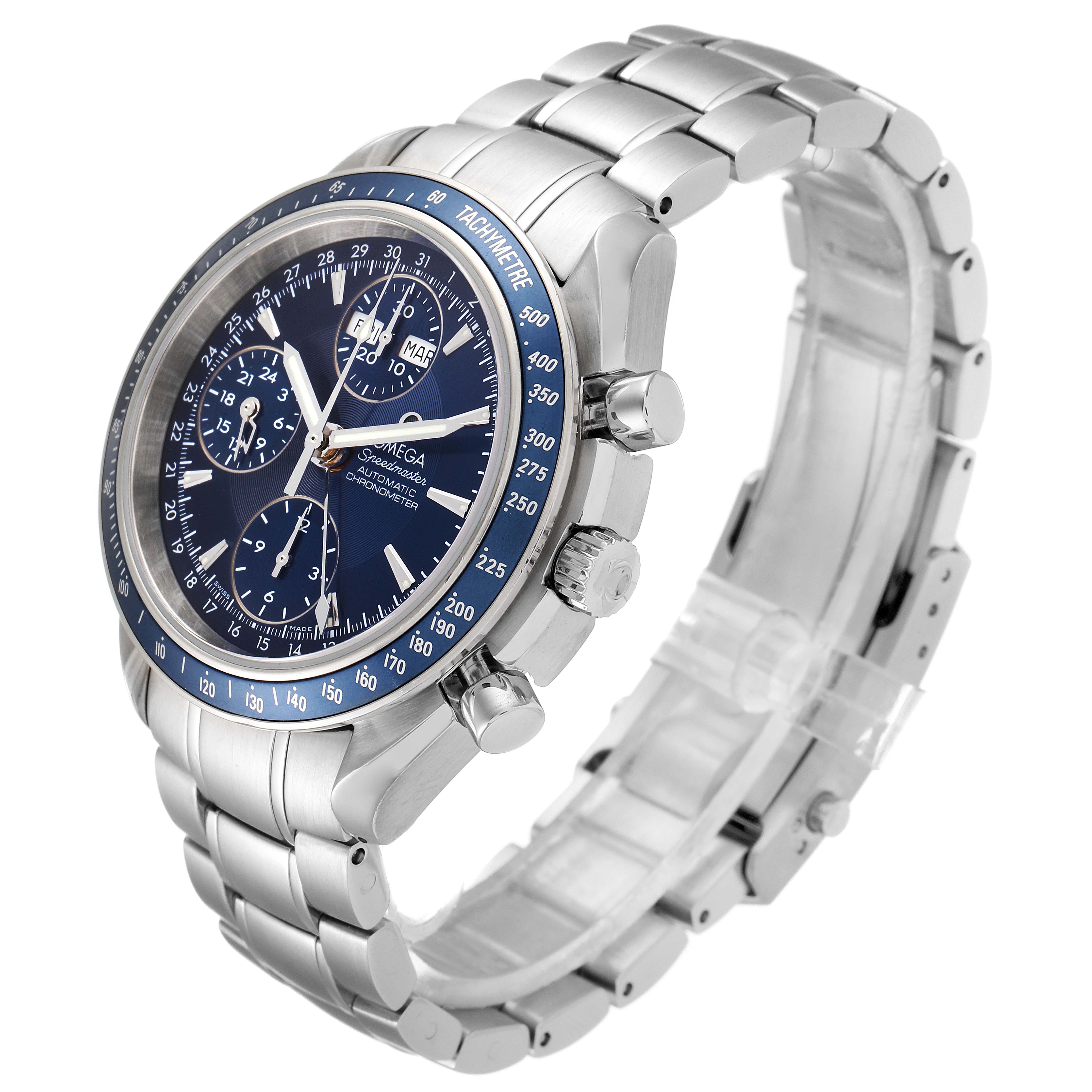 The image depicts an Omega Speedmaster 3222.80.00 Men
s Stainless Steel Blue Dial 3222.80.00 Men
s Stainless Steel Blue Dial watch, showcasing its face, bezel, side buttons, and metal bracelet from a three-quarter angle.