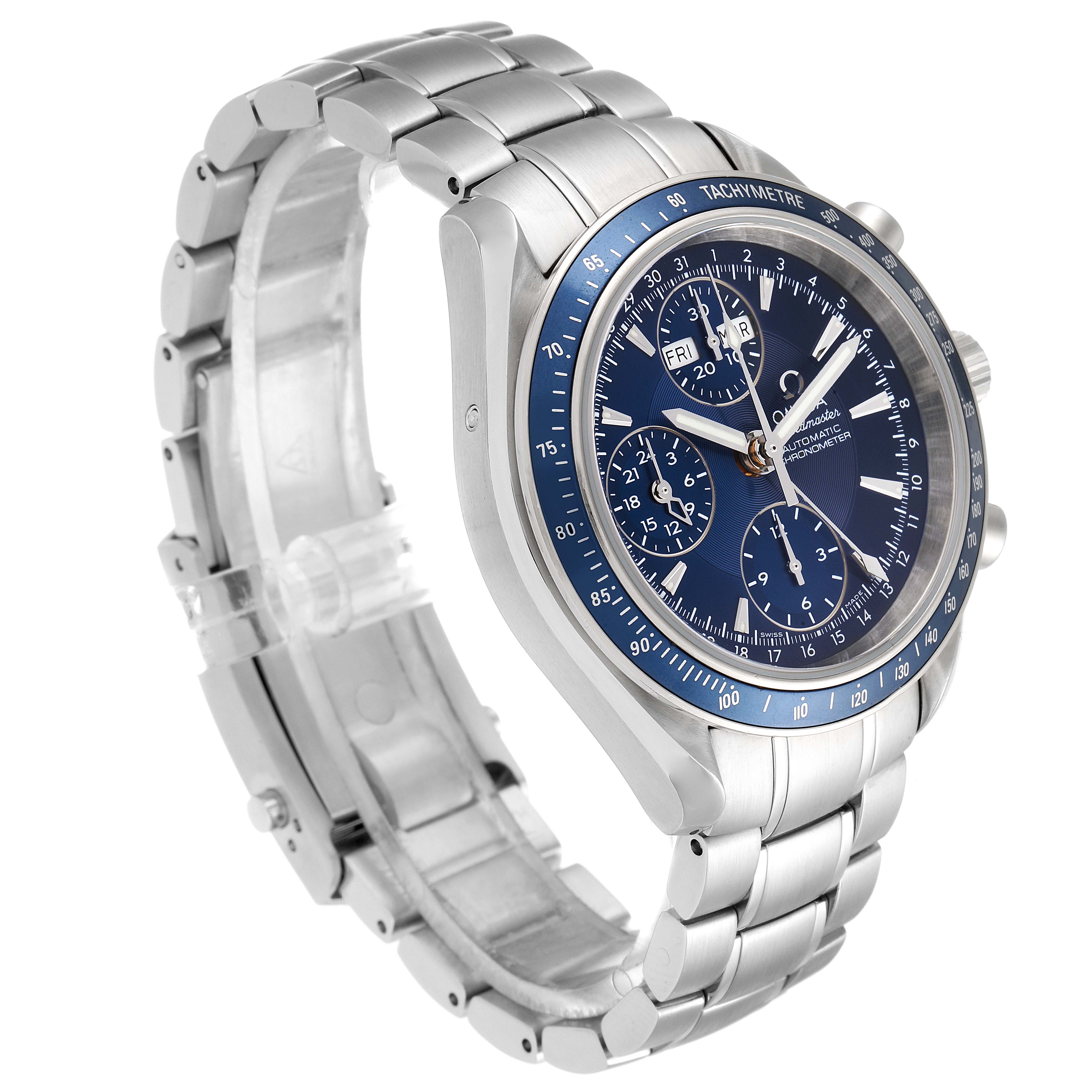 The Omega Speedmaster 3222.80.00 Men
s Stainless Steel Blue Dial 3222.80.00 Men
s Stainless Steel Blue Dial watch is shown at a three-quarter angle highlighting the face, bezel, and metal bracelet.