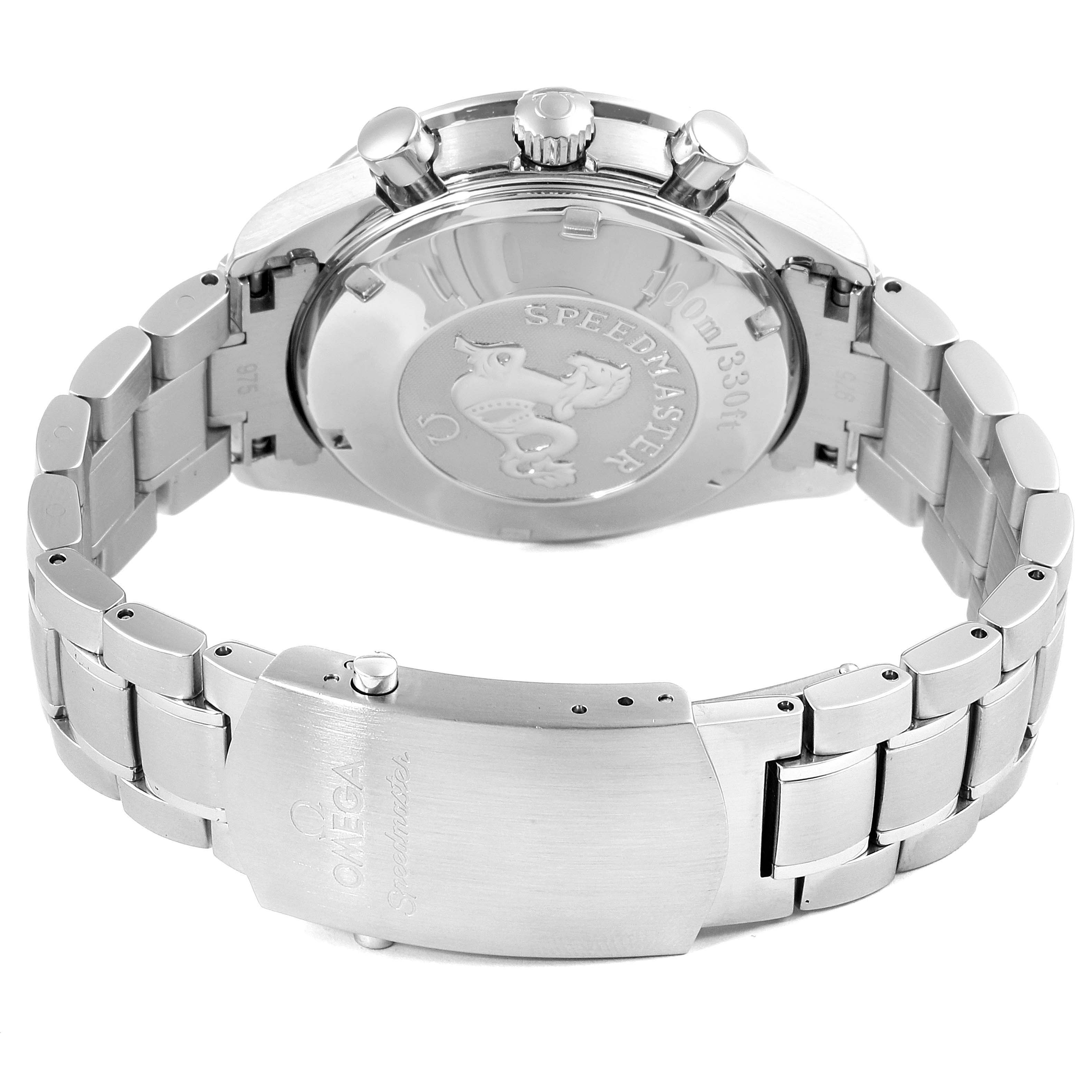 The image shows the back of the Omega Speedmaster 3222.80.00 Men
s Stainless Steel Blue Dial 3222.80.00 Men
s Stainless Steel Blue Dial watch, highlighting the metal caseback, clasp, and part of the bracelet.