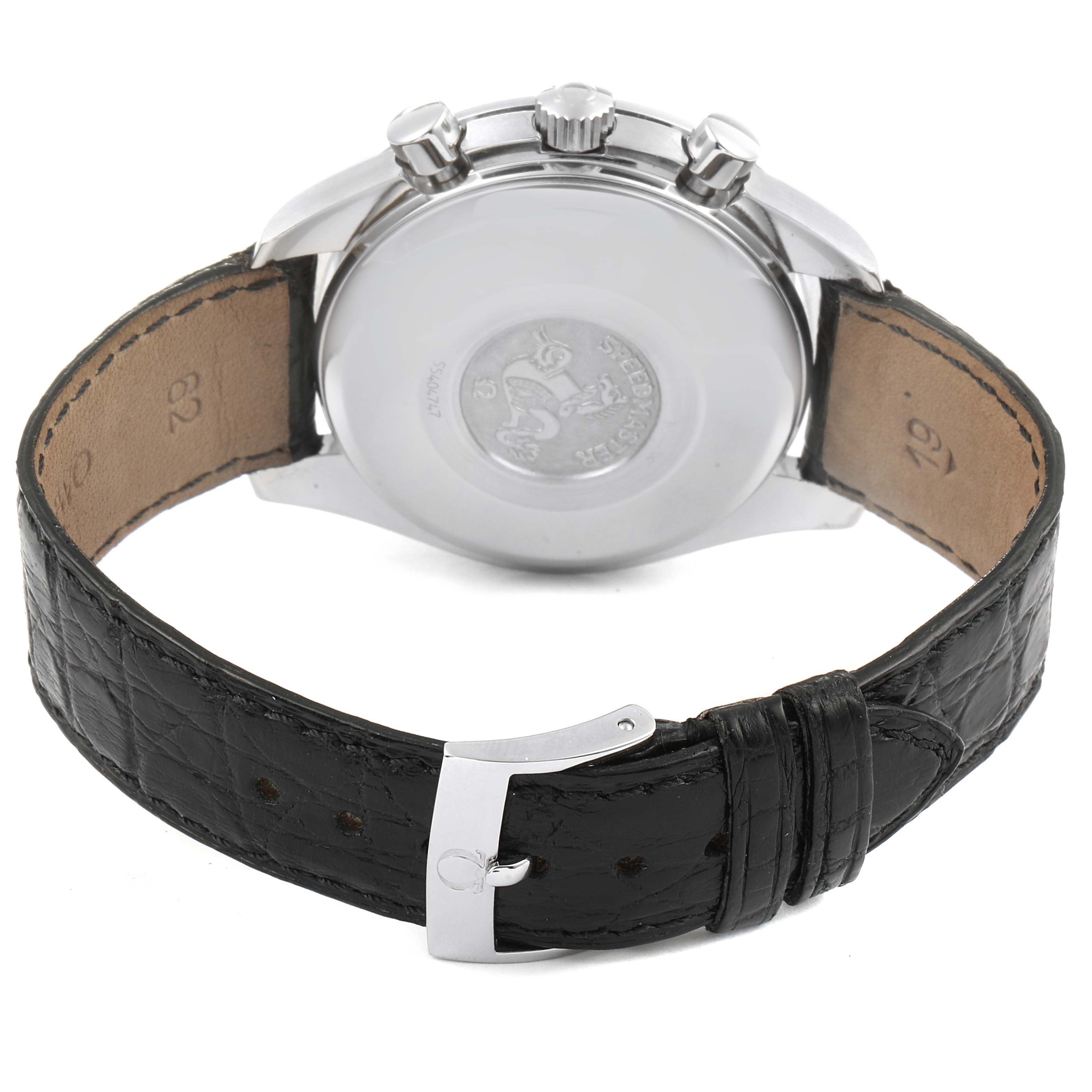 The image shows the back case and leather strap with buckle of an Omega Speedmaster 3513.53.00 Men
s Stainless Steel Black Dial 3513.53.00 Men
s Stainless Steel Black Dial watch.