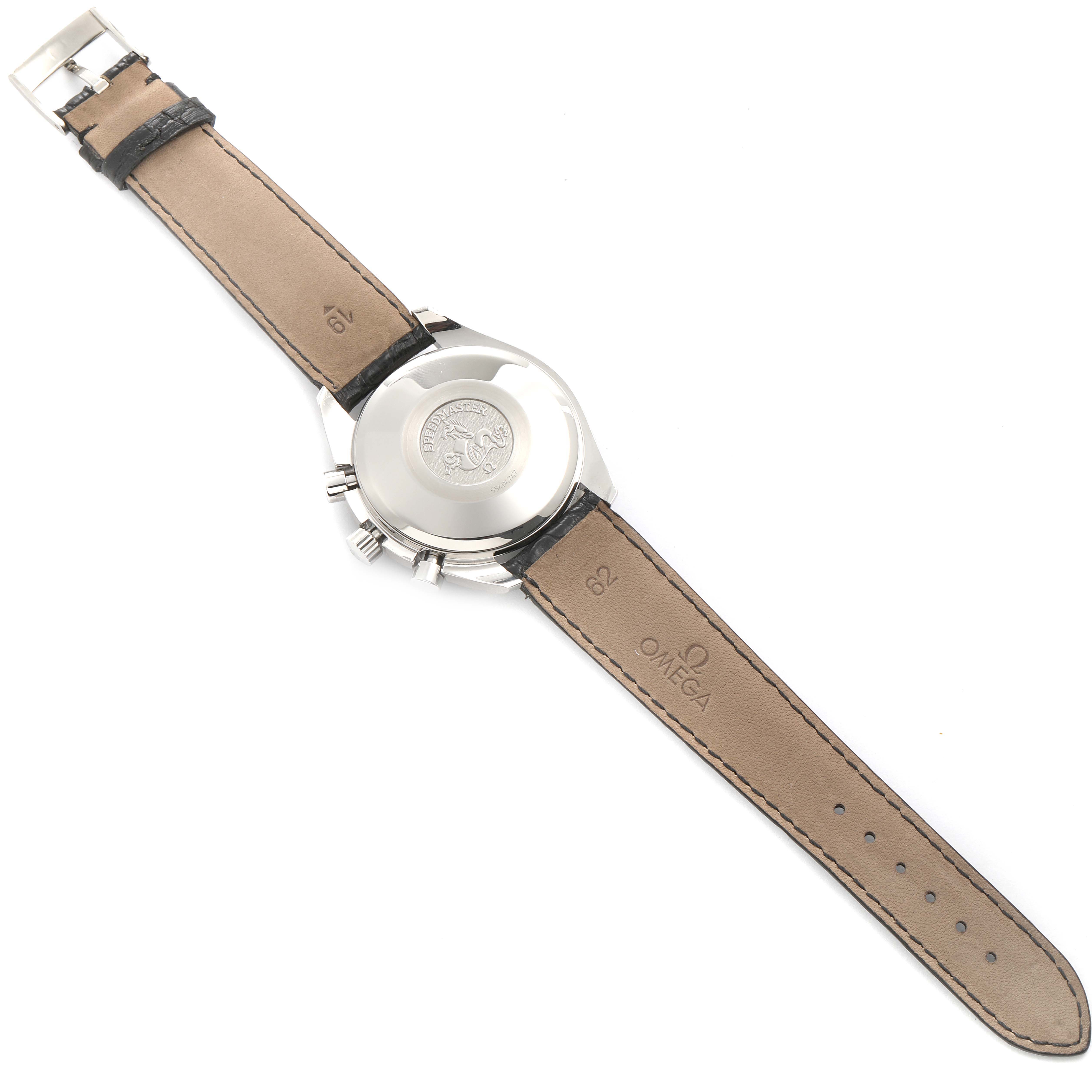 The image shows the back of an Omega Speedmaster 3513.53.00 Men
s Stainless Steel Black Dial 3513.53.00 Men
s Stainless Steel Black Dial watch, highlighting its case back and leather strap.