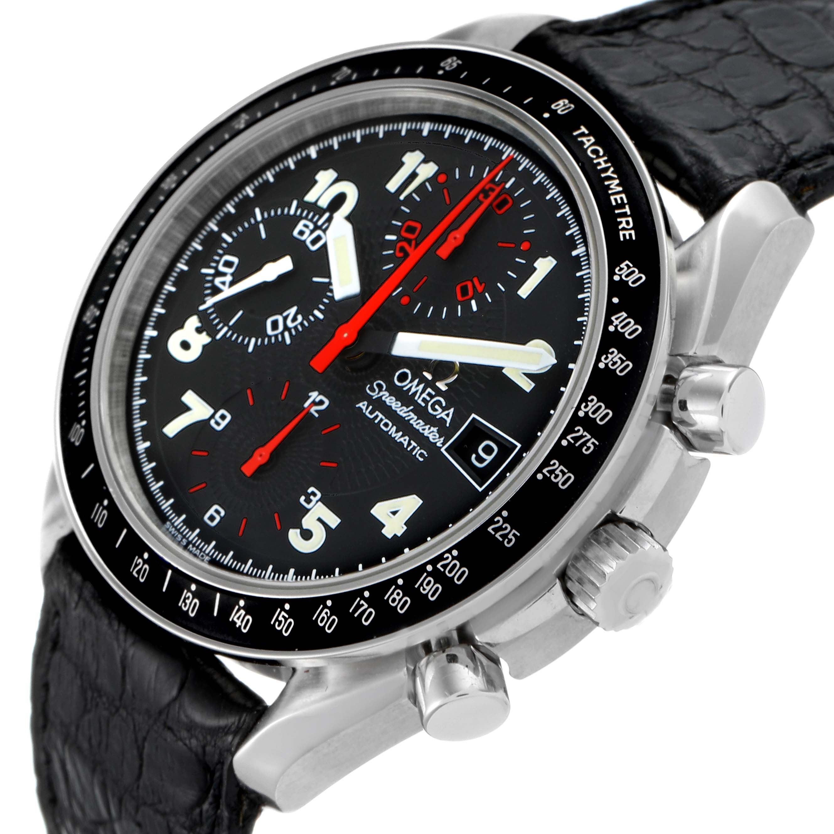The Omega Speedmaster 3513.53.00 Men
s Stainless Steel Black Dial 3513.53.00 Men
s Stainless Steel Black Dial watch is shown at an angled view, displaying the dial, tachymeter bezel, crown, pushers, and leather strap.
