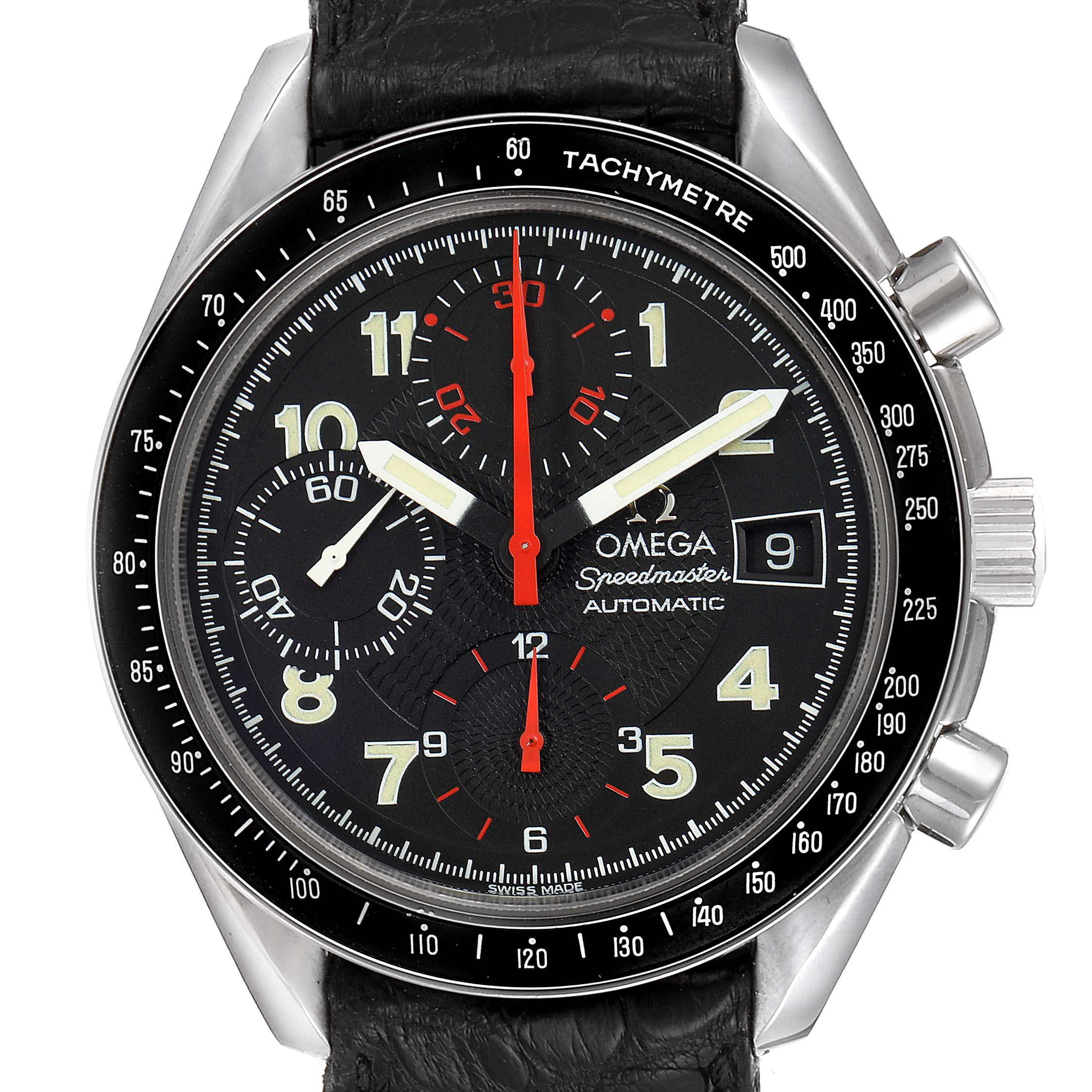The image shows a front view of an Omega Speedmaster 3513.53.00 Men
s Stainless Steel Black Dial 3513.53.00 Men
s Stainless Steel Black Dial watch, displaying the black dial, chronograph sub-dials, tachymeter bezel, and leather strap.