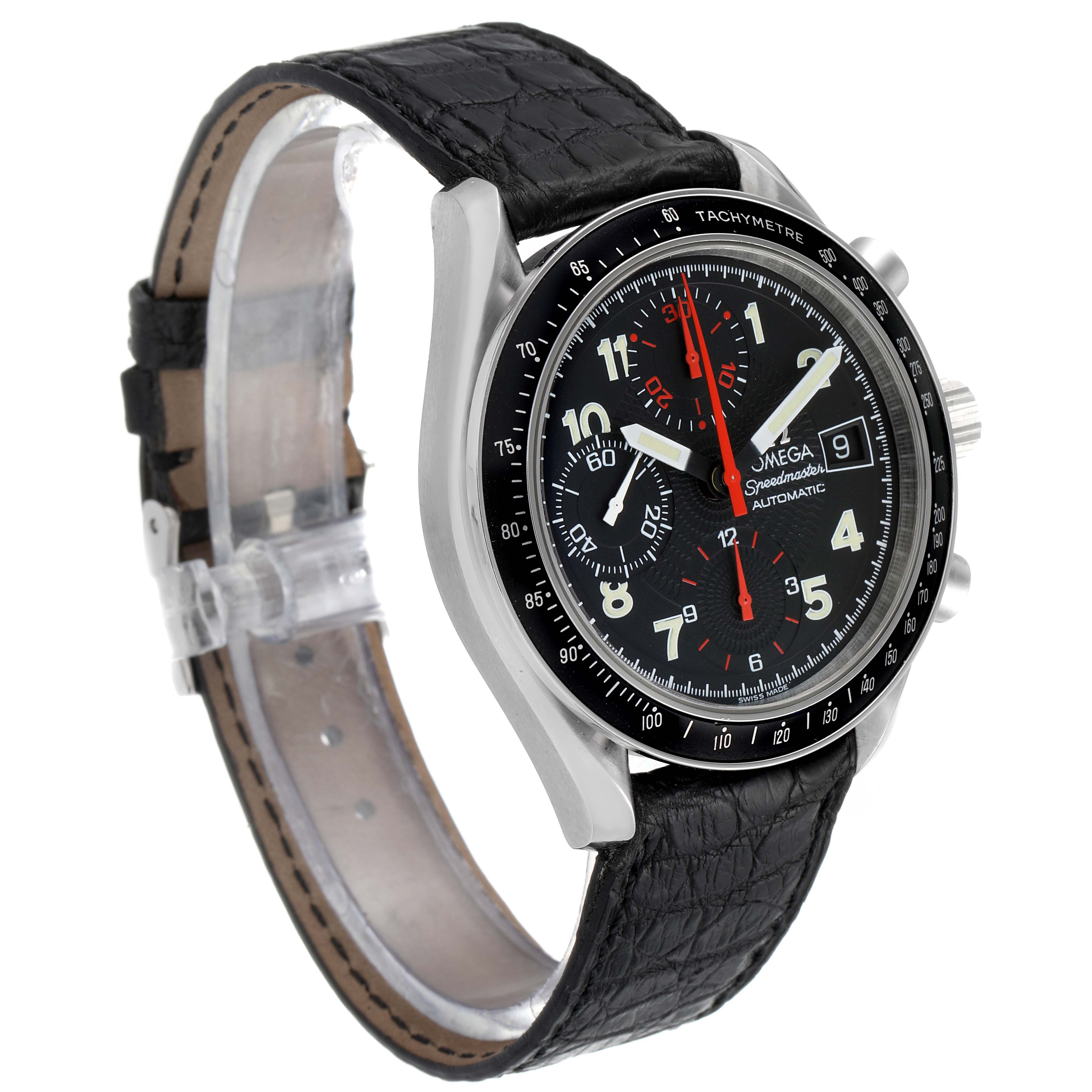 The image shows an Omega Speedmaster 3513.53.00 Men
s Stainless Steel Black Dial 3513.53.00 Men
s Stainless Steel Black Dial watch from a front-left angle, displaying the dial, bezel, and leather strap.