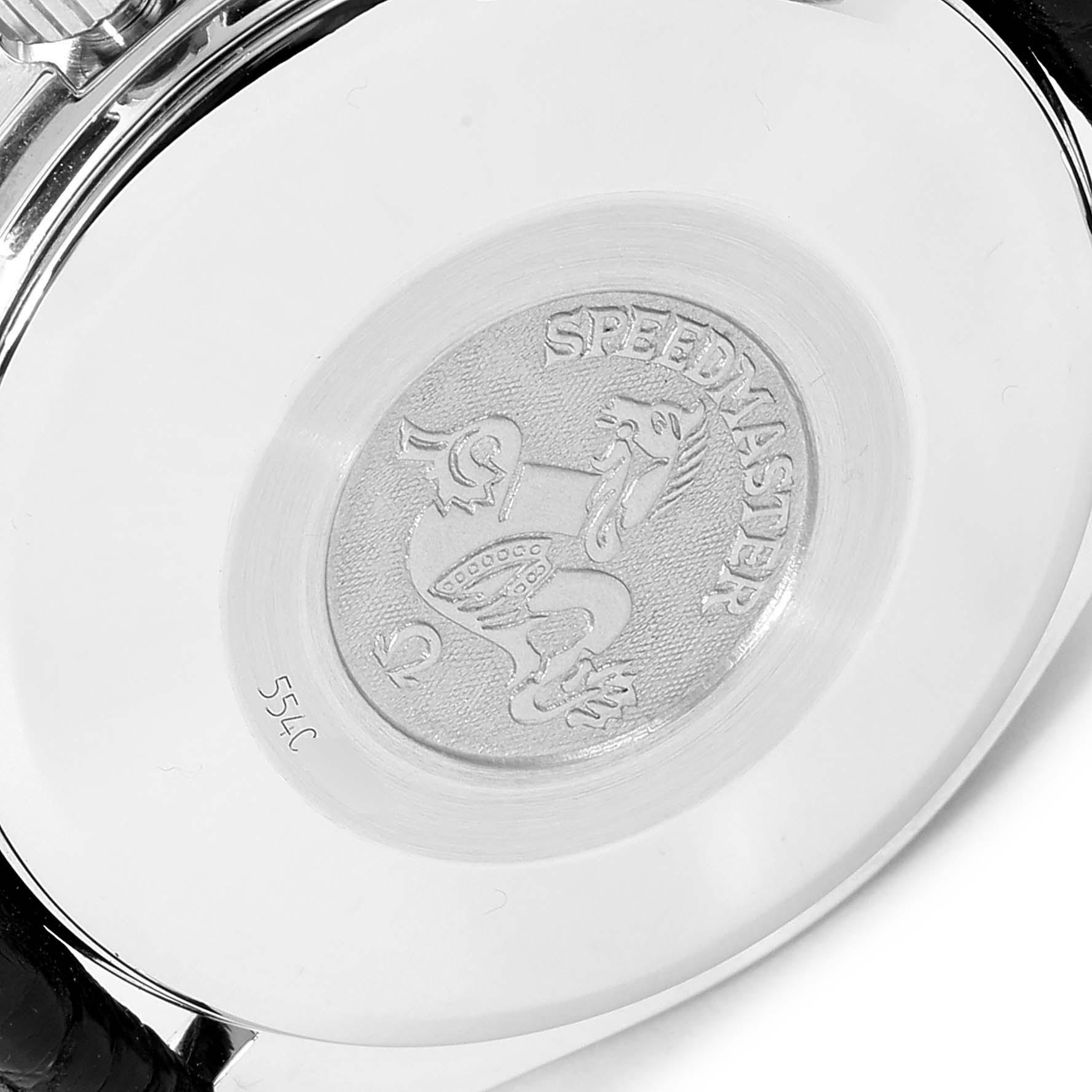 This is the back view of an Omega Speedmaster 3513.53.00 Men
s Stainless Steel Black Dial 3513.53.00 Men
s Stainless Steel Black Dial watch, showing the engraved logo and text.