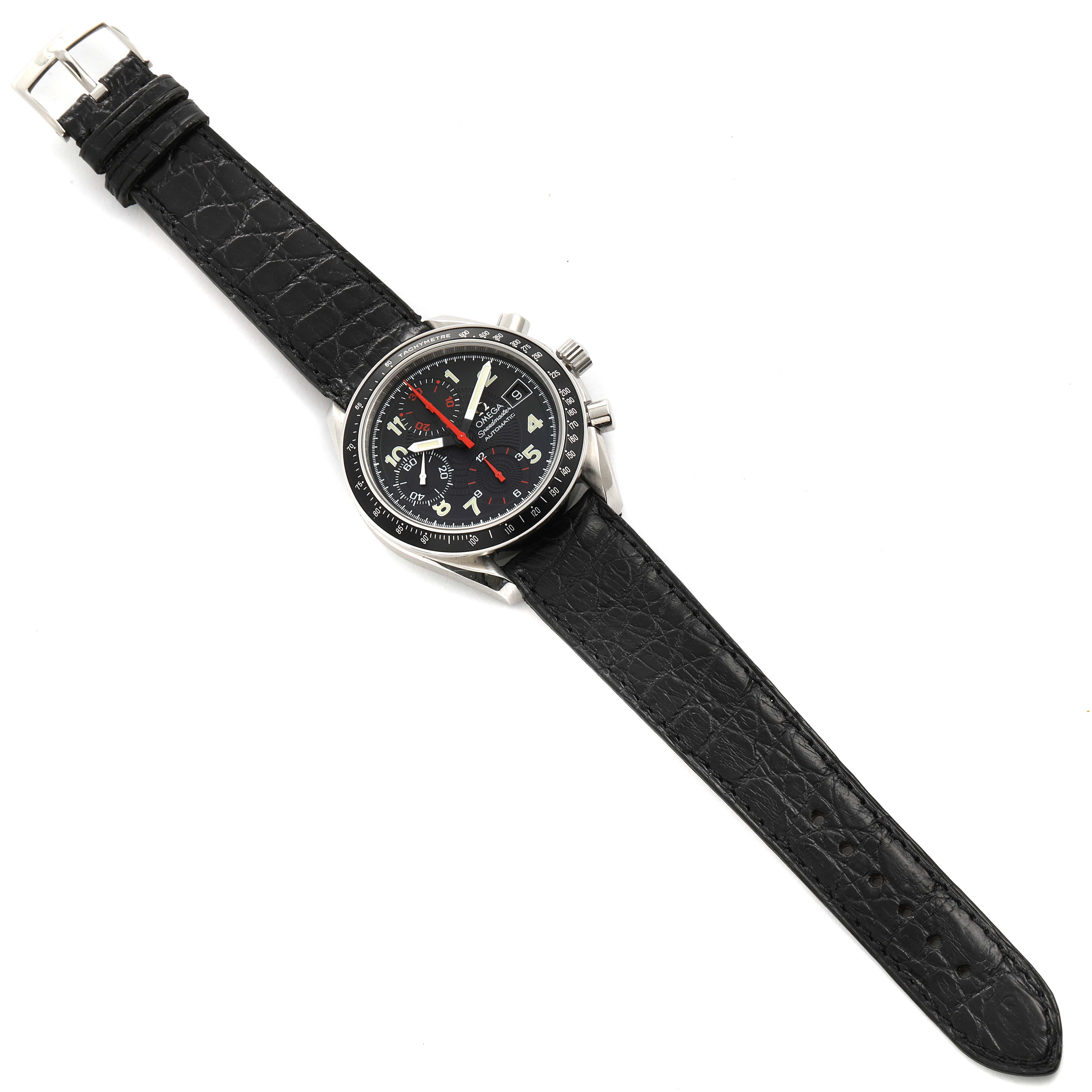 The Omega Speedmaster 3513.53.00 Men
s Stainless Steel Black Dial 3513.53.00 Men
s Stainless Steel Black Dial watch is shown from a top-down angle, featuring its black leather strap and detailed dial with several subdials.