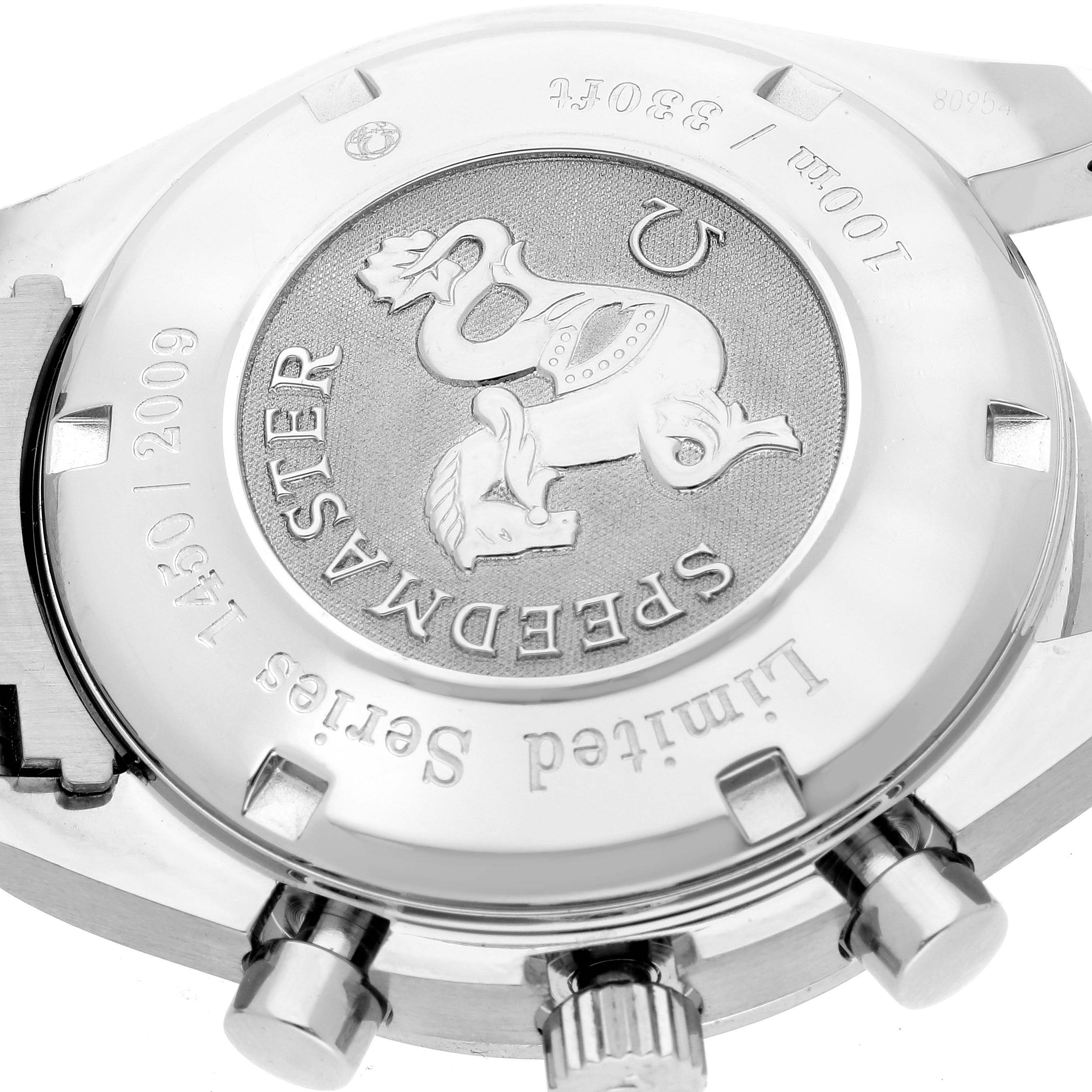 The image shows the back casing of an Omega Speedmaster 323.30.40.40.02.001 Men's Stainless Steel White Dial 323.30.40.40.02.001 Men's Stainless Steel White Dial watch, highlighting its "Limited Series" and intricate emblem.