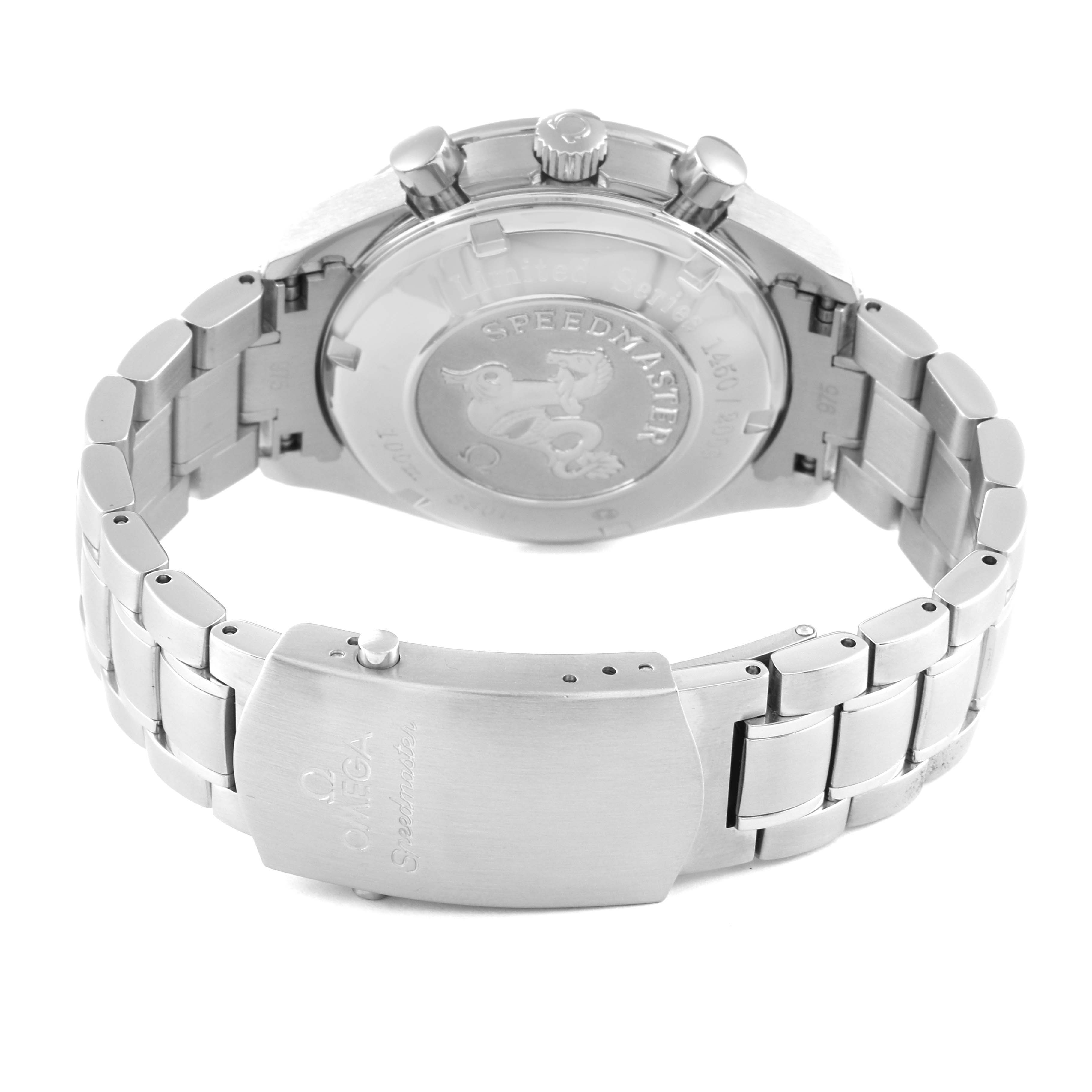 The photo shows the back view of the Omega Speedmaster 323.30.40.40.02.001 Men's Stainless Steel White Dial 323.30.40.40.02.001 Men's Stainless Steel White Dial watch, including the case back, crown, pushers, and stainless steel bracelet.