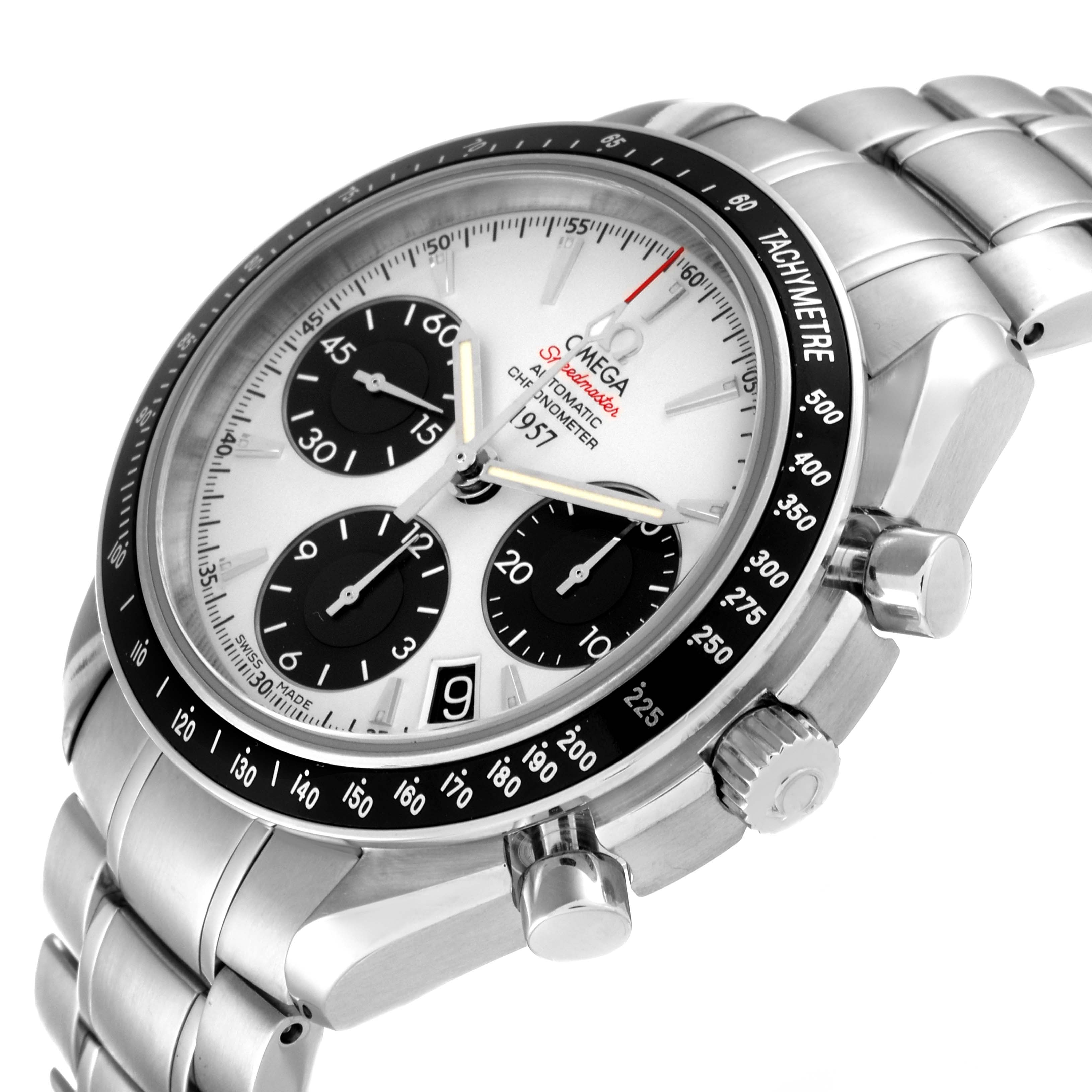 The image shows an Omega Speedmaster 323.30.40.40.02.001 Men's Stainless Steel White Dial 323.30.40.40.02.001 Men's Stainless Steel White Dial watch from a right-side angle, highlighting the dial, tachymeter, and bracelet.