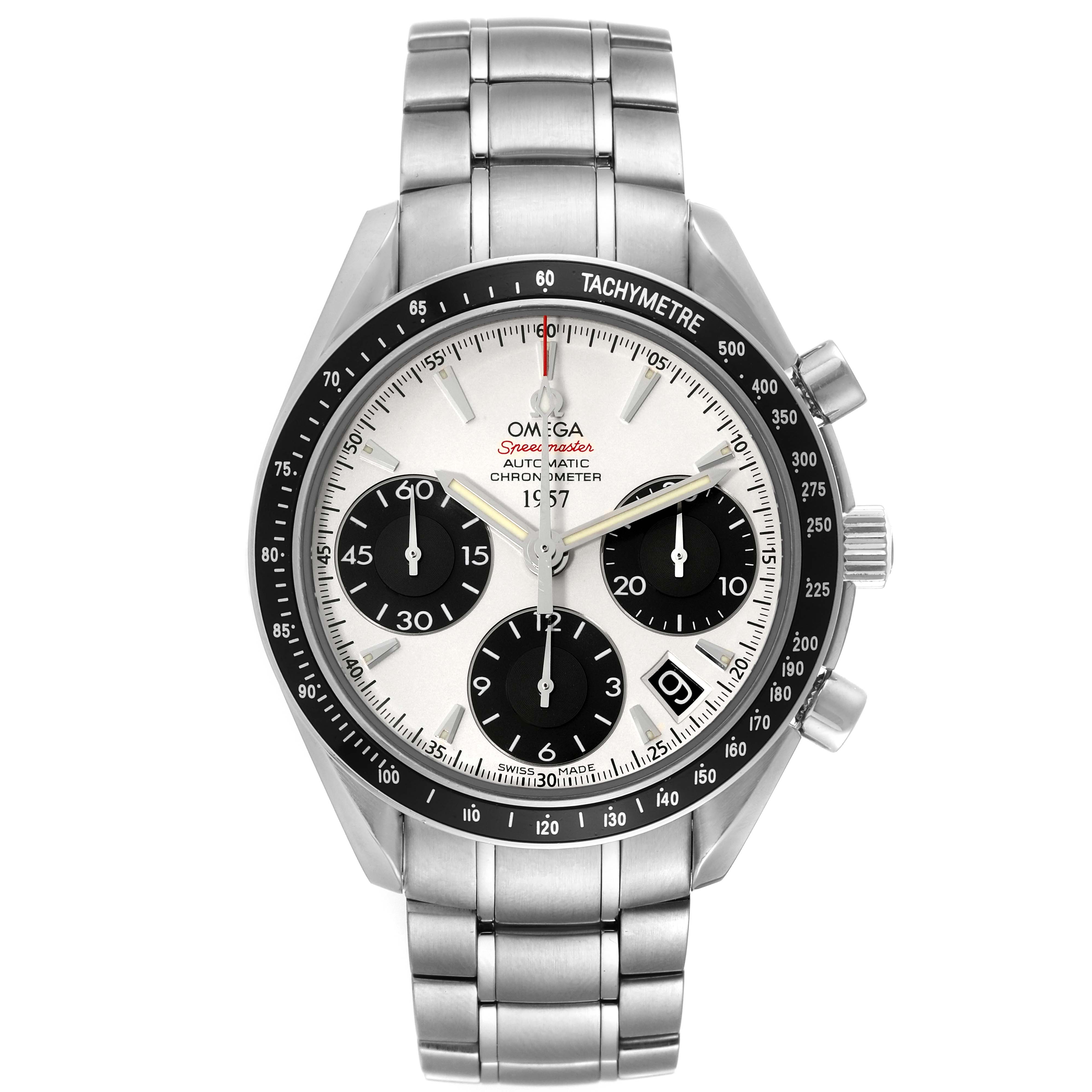 The image shows a front view of an Omega Speedmaster 323.30.40.40.02.001 Men's Stainless Steel White Dial 323.30.40.40.02.001 Men's Stainless Steel White Dial watch featuring its dial, bezel, chronograph subdials, and metal bracelet.
