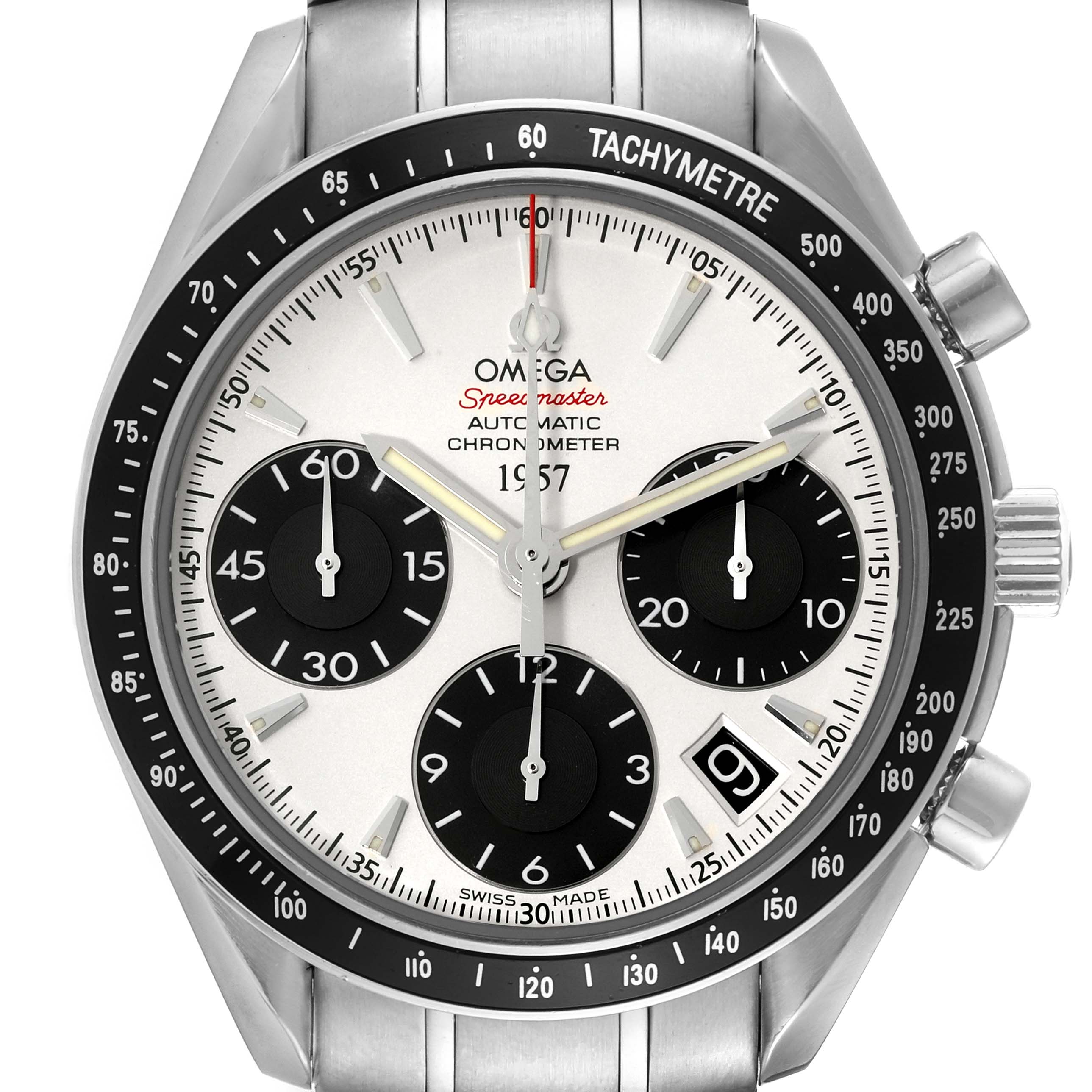 This image shows the face of an Omega Speedmaster 323.30.40.40.02.001 Men's Stainless Steel White Dial 323.30.40.40.02.001 Men's Stainless Steel White Dial watch, detailing the chronograph subdials, date window, and tachymeter bezel.