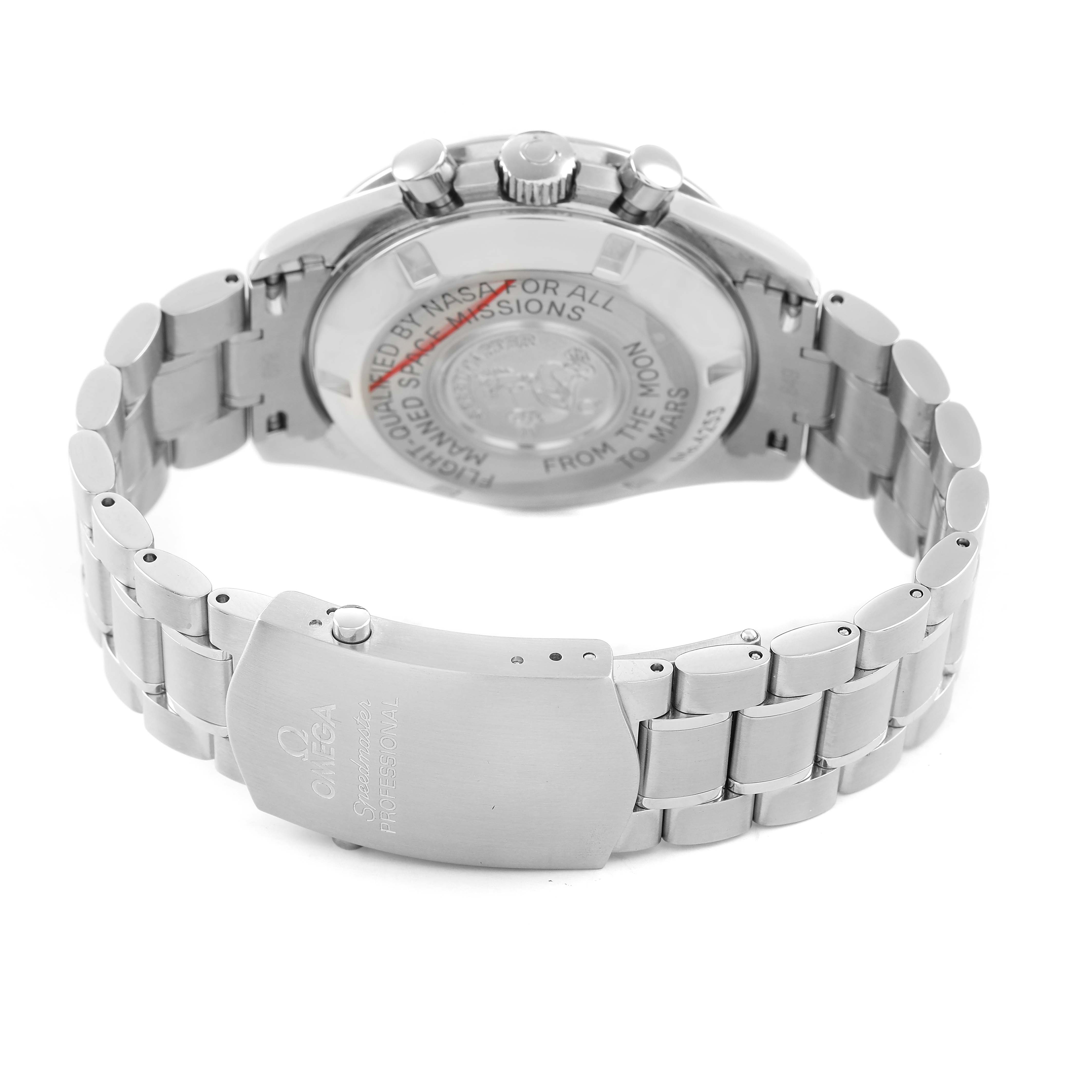 The image shows the back case and bracelet clasp of an Omega Speedmaster 3577.50.00 Men's Stainless Steel Black Dial, viewed from a rear angle.