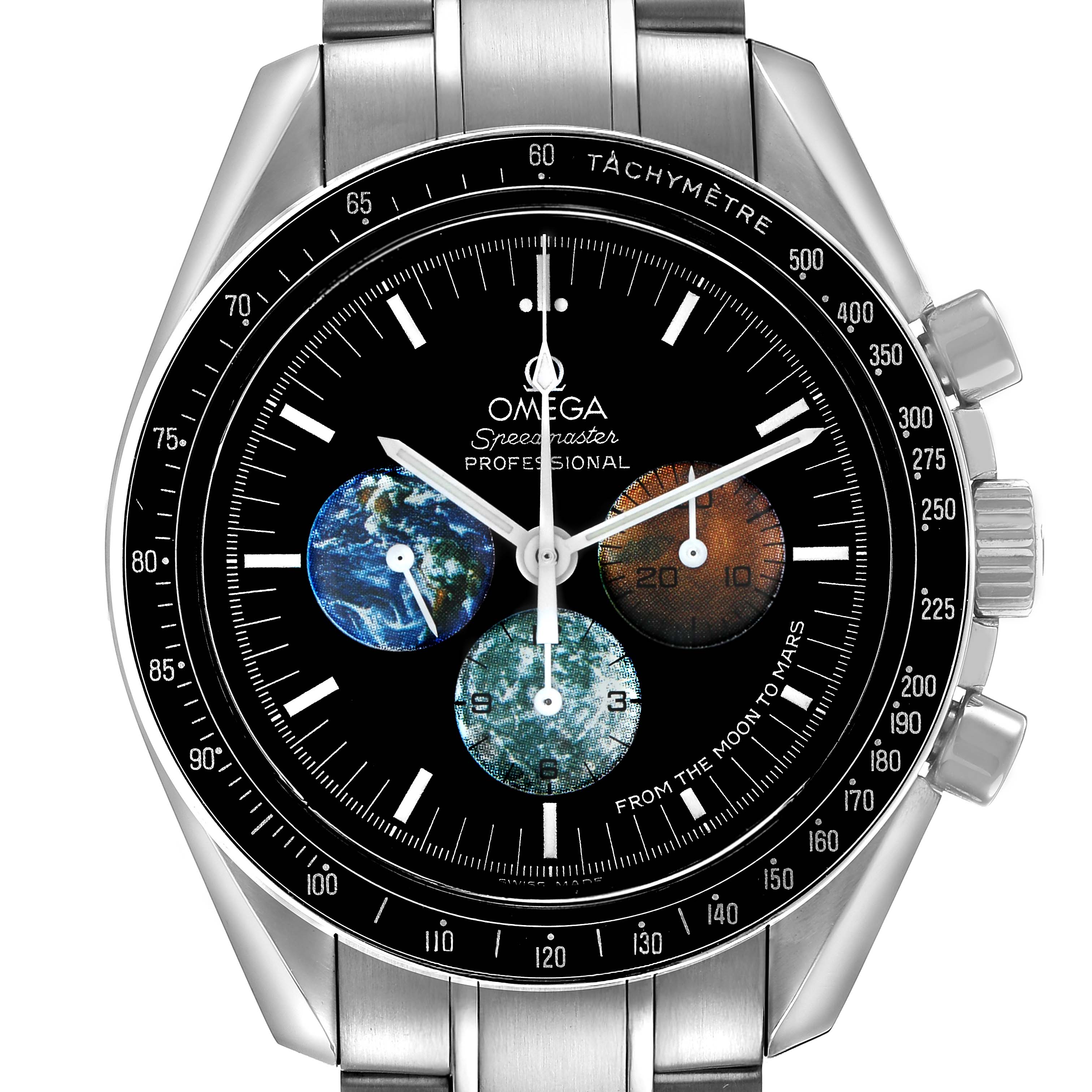 The Omega Speedmaster 3577.50.00 Men's Stainless Steel Black Dial watch is shown from a frontal angle, highlighting its dial, bezel, and part of the bracelet.