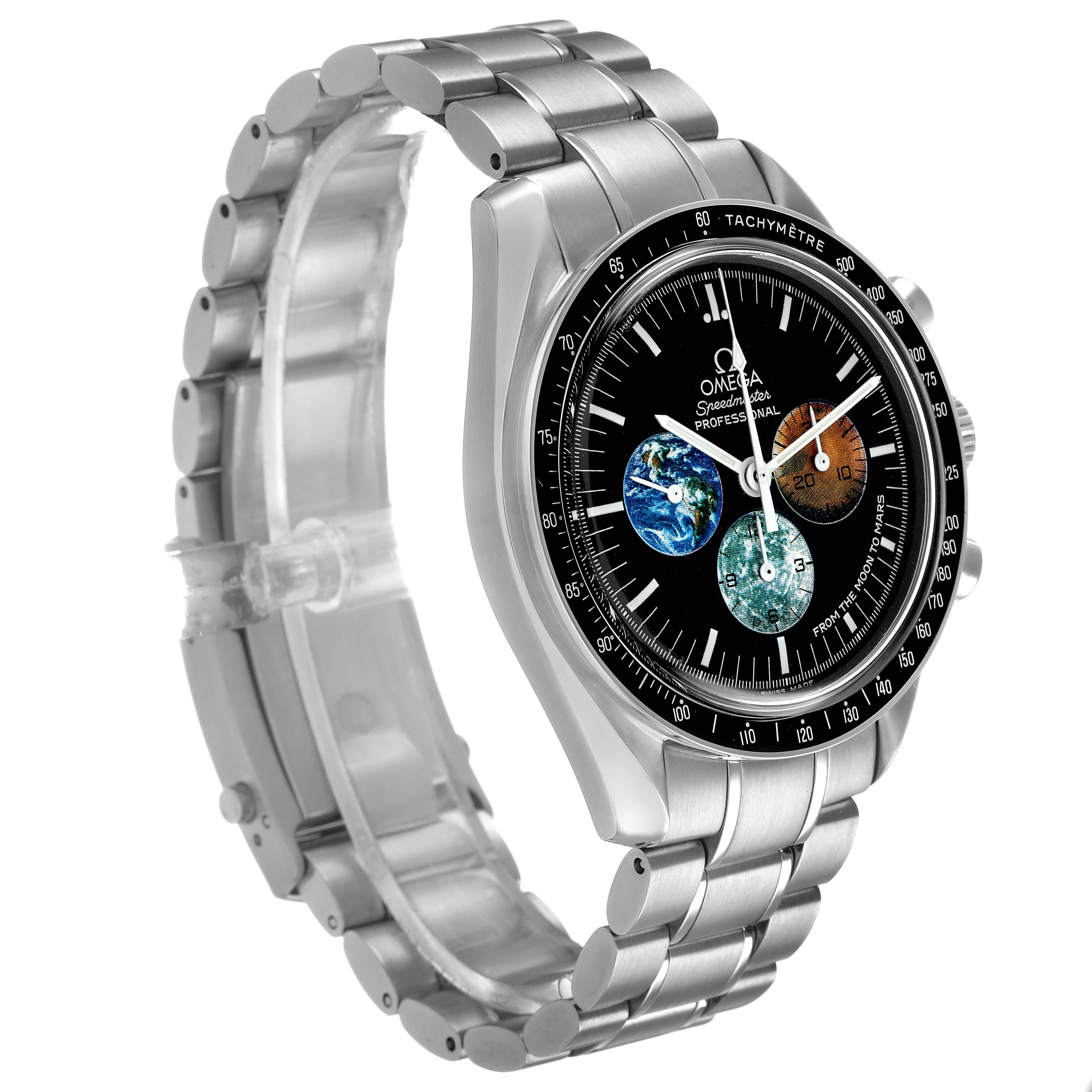 The Omega Speedmaster 3577.50.00 Men's Stainless Steel Black Dial watch is shown at a three-quarter angle, highlighting the face, bezel, and bracelet.