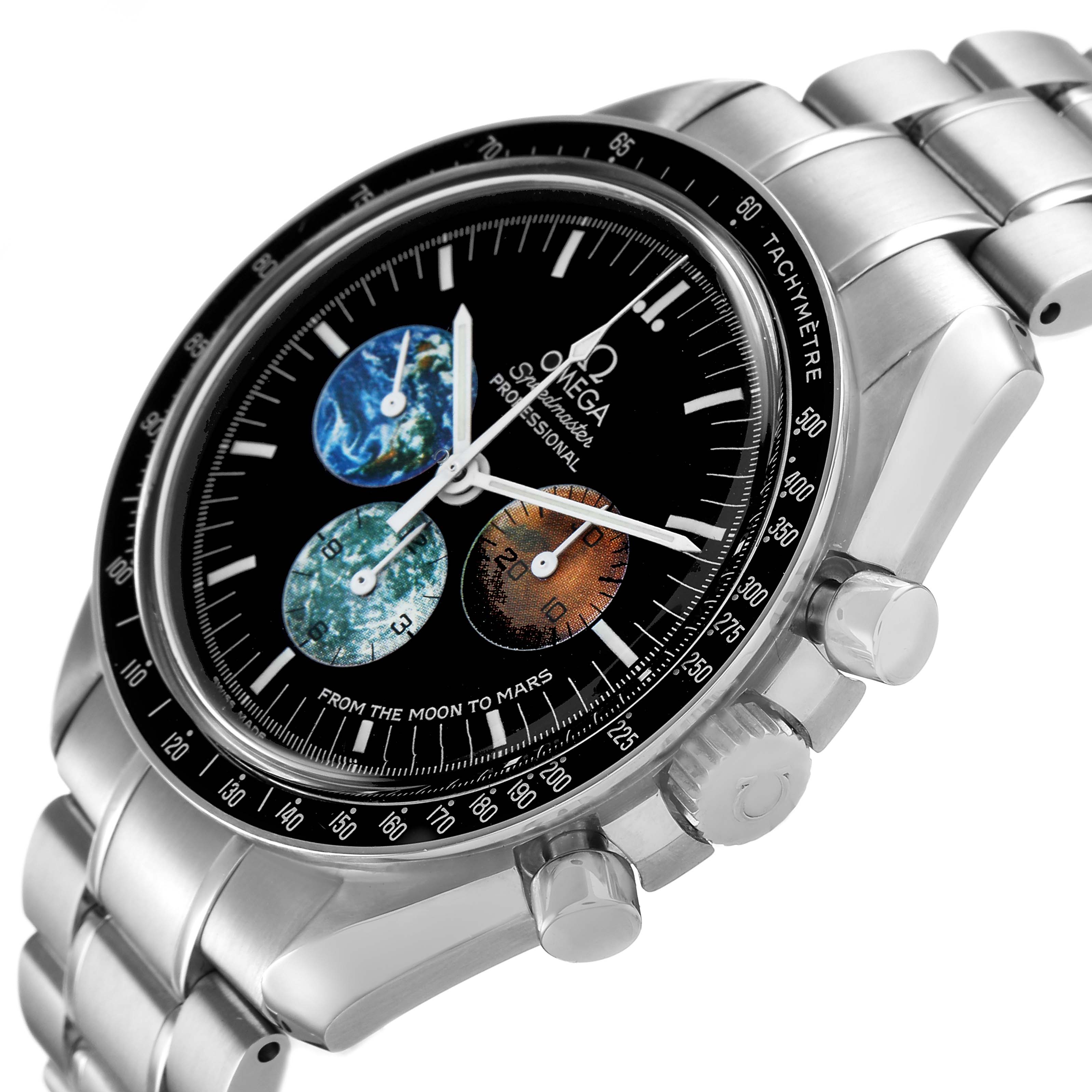 The Omega Speedmaster 3577.50.00 Men's Stainless Steel Black Dial watch is shown at a slight angle, highlighting the dial, bezel, crown, and metal bracelet.