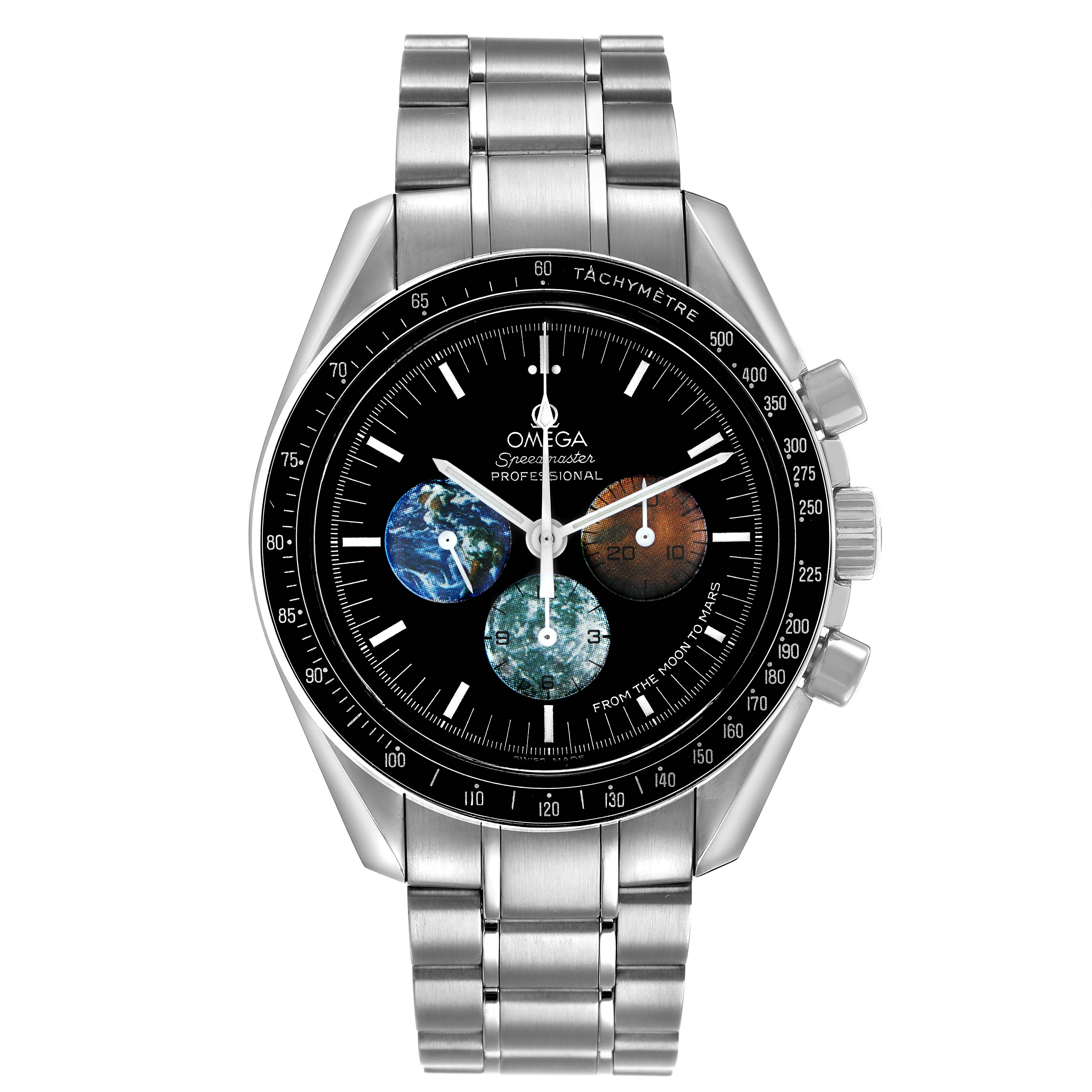 The Omega Speedmaster 3577.50.00 Men's Stainless Steel Black Dial watch is shown from a front angle, displaying its full face, tachymeter bezel, and metal bracelet.
