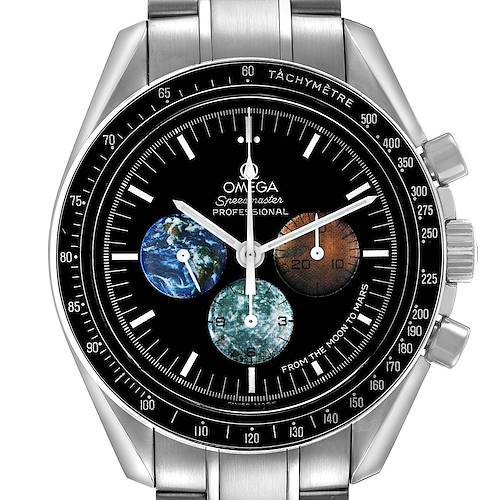 The Omega Speedmaster 3577.50.00 Men's Stainless Steel Black Dial watch is shown from a front view, highlighting the dial, subdials, bezel, and crown.
