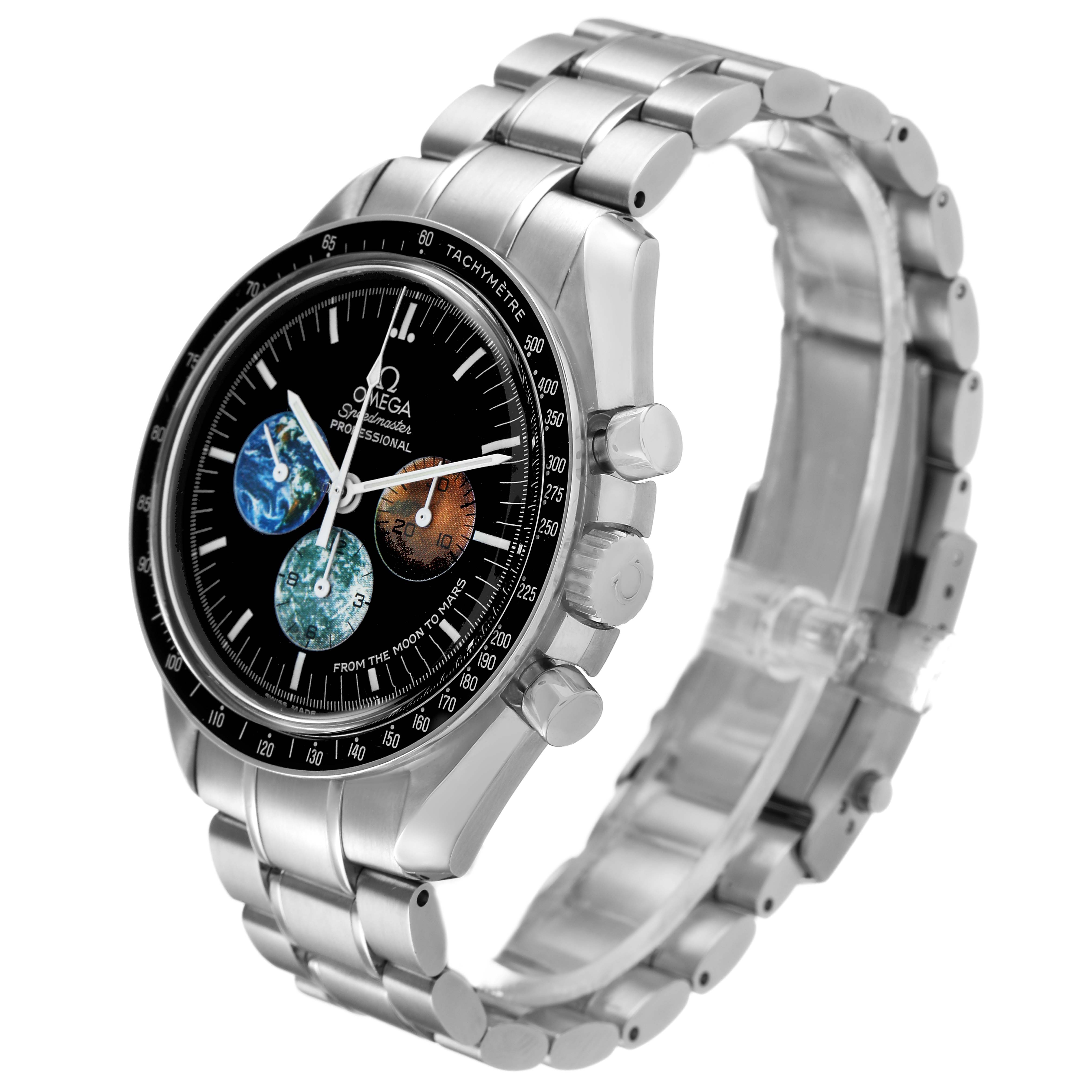 The Omega Speedmaster 3577.50.00 Men's Stainless Steel Black Dial watch is shown at a three-quarter angle, displaying the face, bezel, pushers, and stainless steel bracelet.