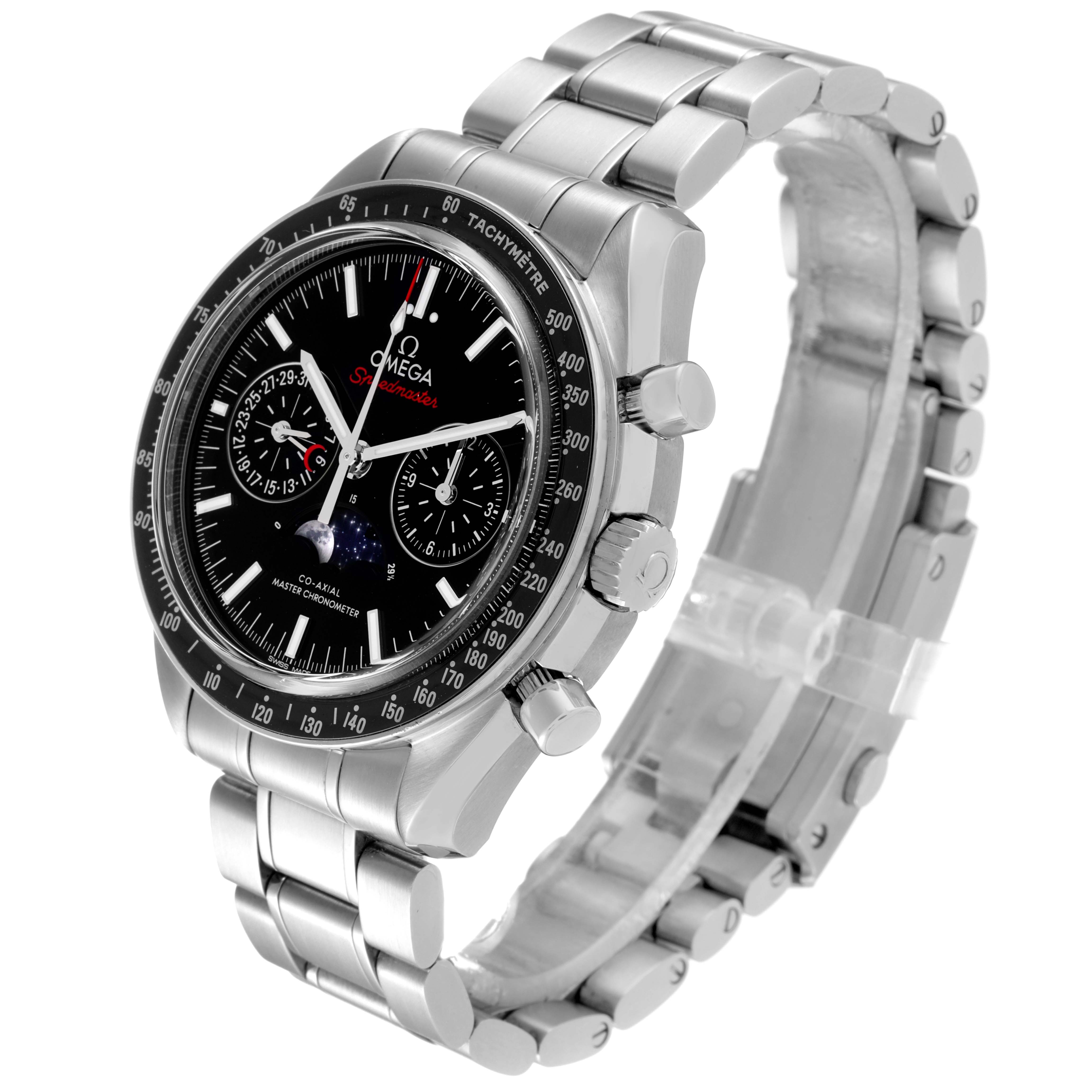 This image shows an angled view of the Omega Speedmaster 304.30.44.52.01.001 Men
s Stainless Steel Black Dial 304.30.44.52.01.001 Men
s Stainless Steel Black Dial watch, highlighting the dial, bezel, case, and stainless steel bracelet.