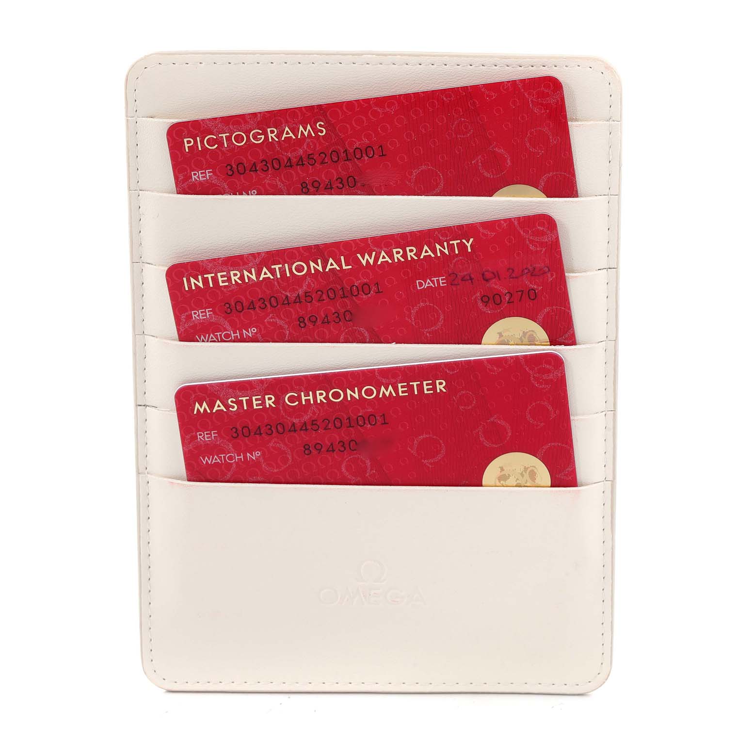 The image shows three Omega Speedmaster 304.30.44.52.01.001 Men
s Stainless Steel Black Dial 304.30.44.52.01.001 Men
s Stainless Steel Black Dial model cards—Pictograms, International Warranty, and Master Chronometer—inside a white card holder.