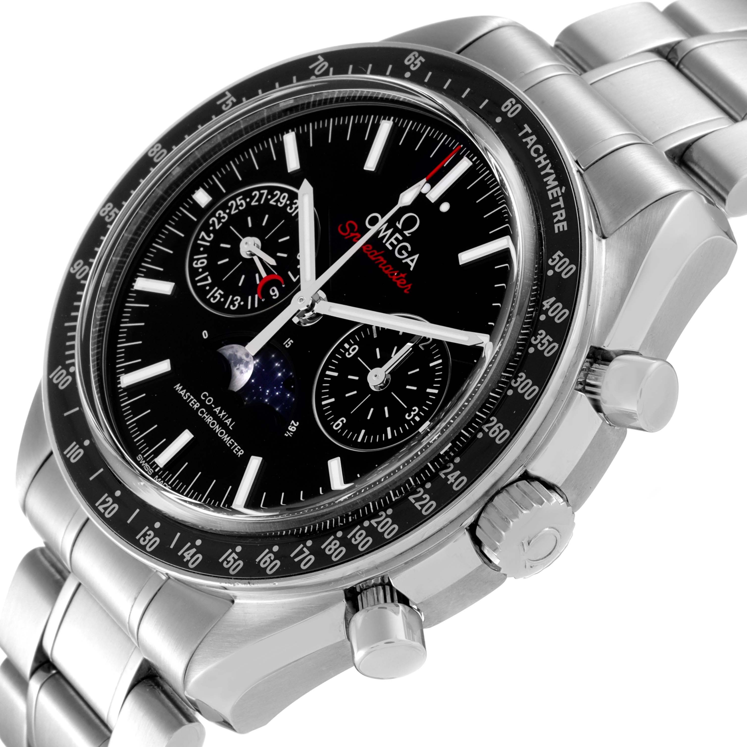 The Omega Speedmaster 304.30.44.52.01.001 Men
s Stainless Steel Black Dial 304.30.44.52.01.001 Men
s Stainless Steel Black Dial watch is shown at an angled side view displaying its black dial, three subdials, stainless steel case, and tachymeter bezel.
