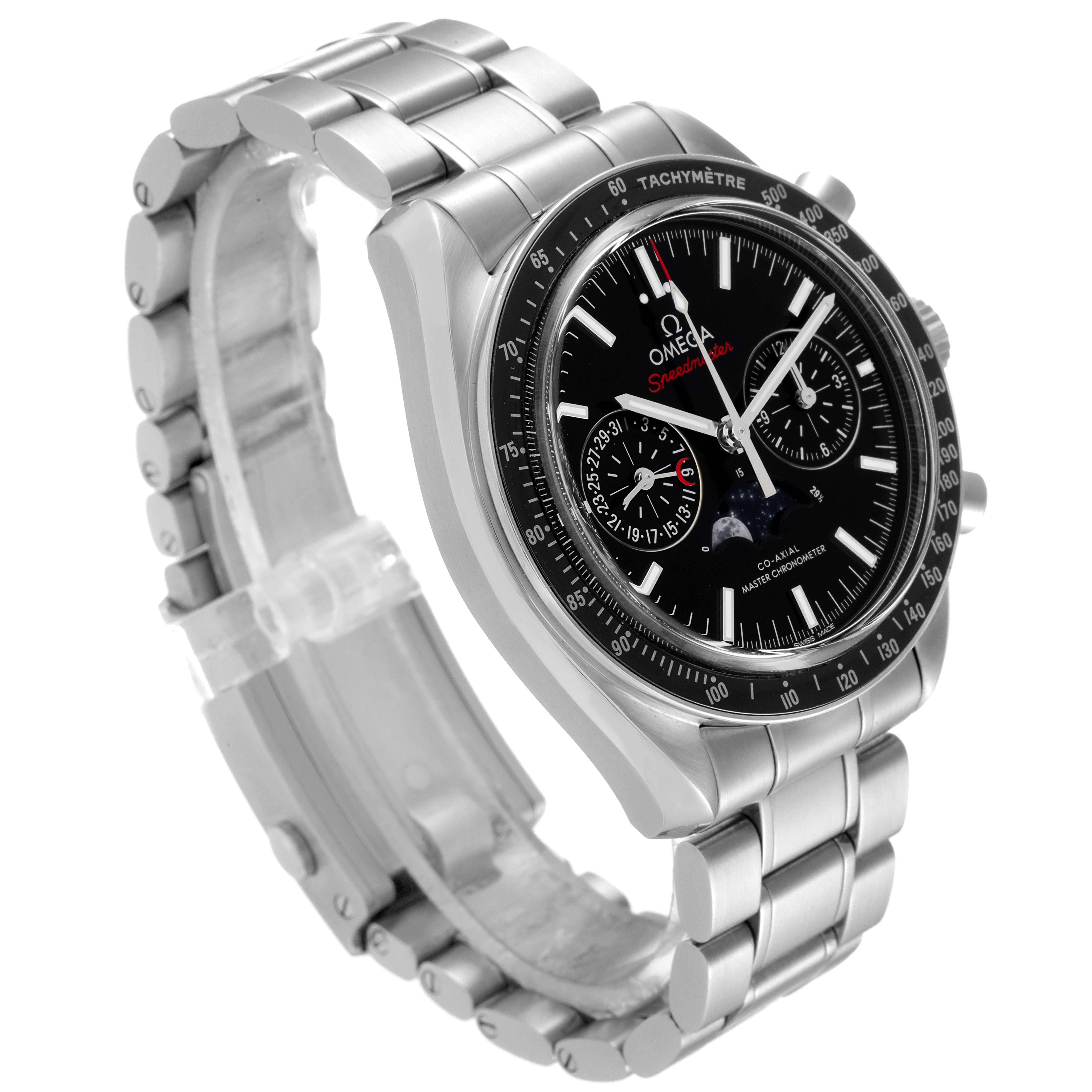 The image shows a side angle of the Omega Speedmaster 304.30.44.52.01.001 Men
s Stainless Steel Black Dial 304.30.44.52.01.001 Men
s Stainless Steel Black Dial watch, highlighting the face, bezel, and metal bracelet.