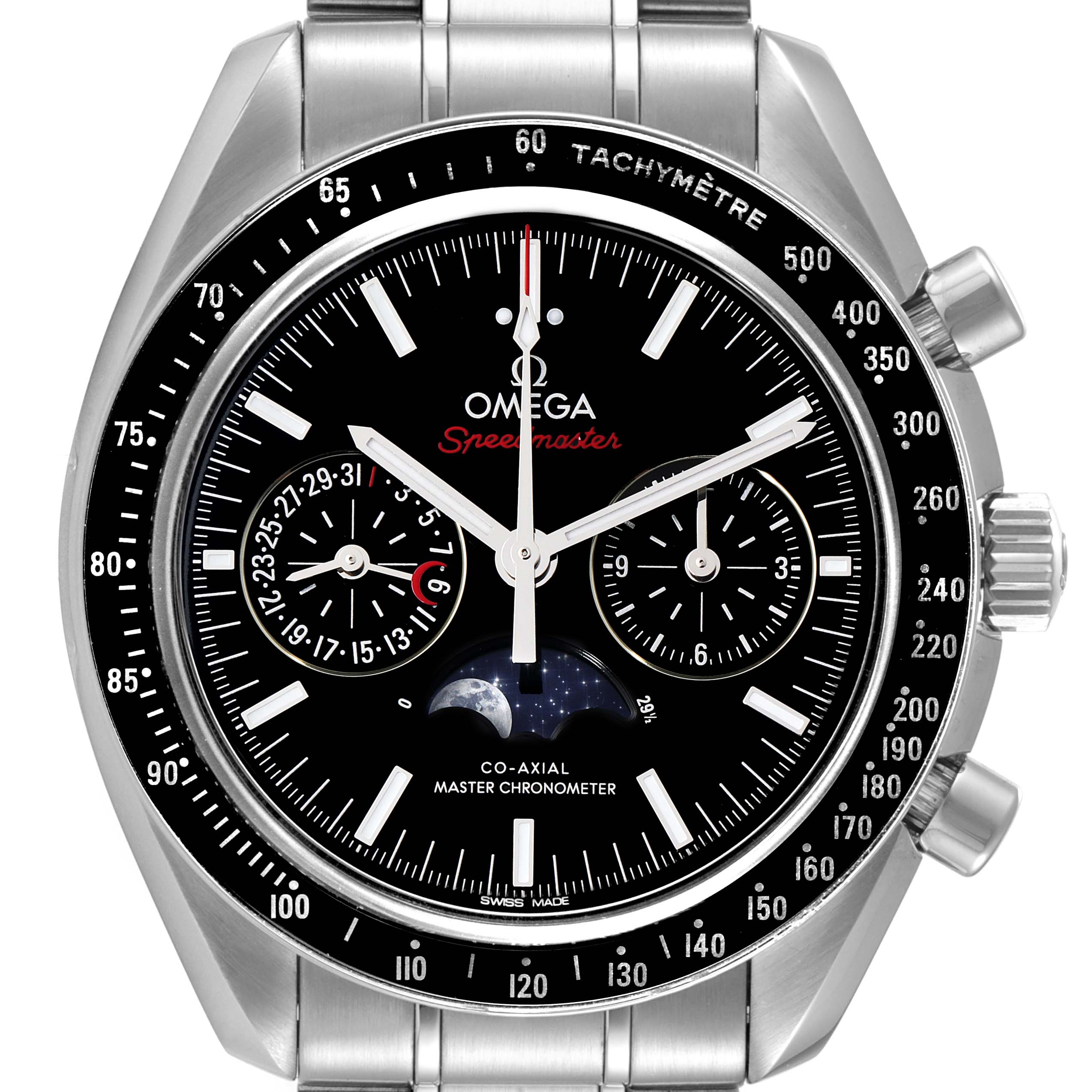 The image shows a front view of the Omega Speedmaster 304.30.44.52.01.001 Men
s Stainless Steel Black Dial 304.30.44.52.01.001 Men
s Stainless Steel Black Dial watch, highlighting the dial, subdials, bezel, and bracelet.