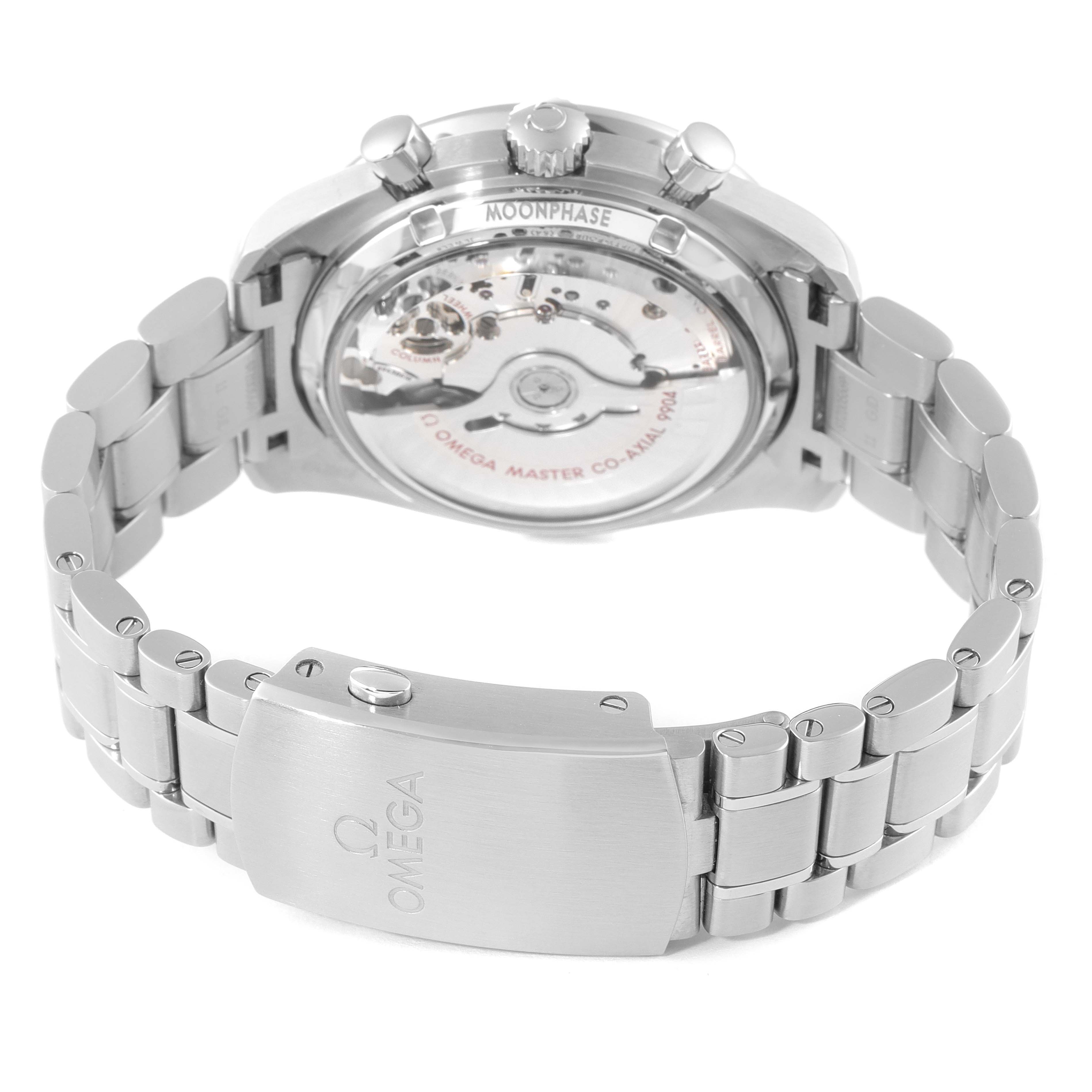 The image shows the back view of the Omega Speedmaster 304.30.44.52.01.001 Men
s Stainless Steel Black Dial 304.30.44.52.01.001 Men
s Stainless Steel Black Dial watch, highlighting its open case back and metal bracelet with the Omega logo clasp.