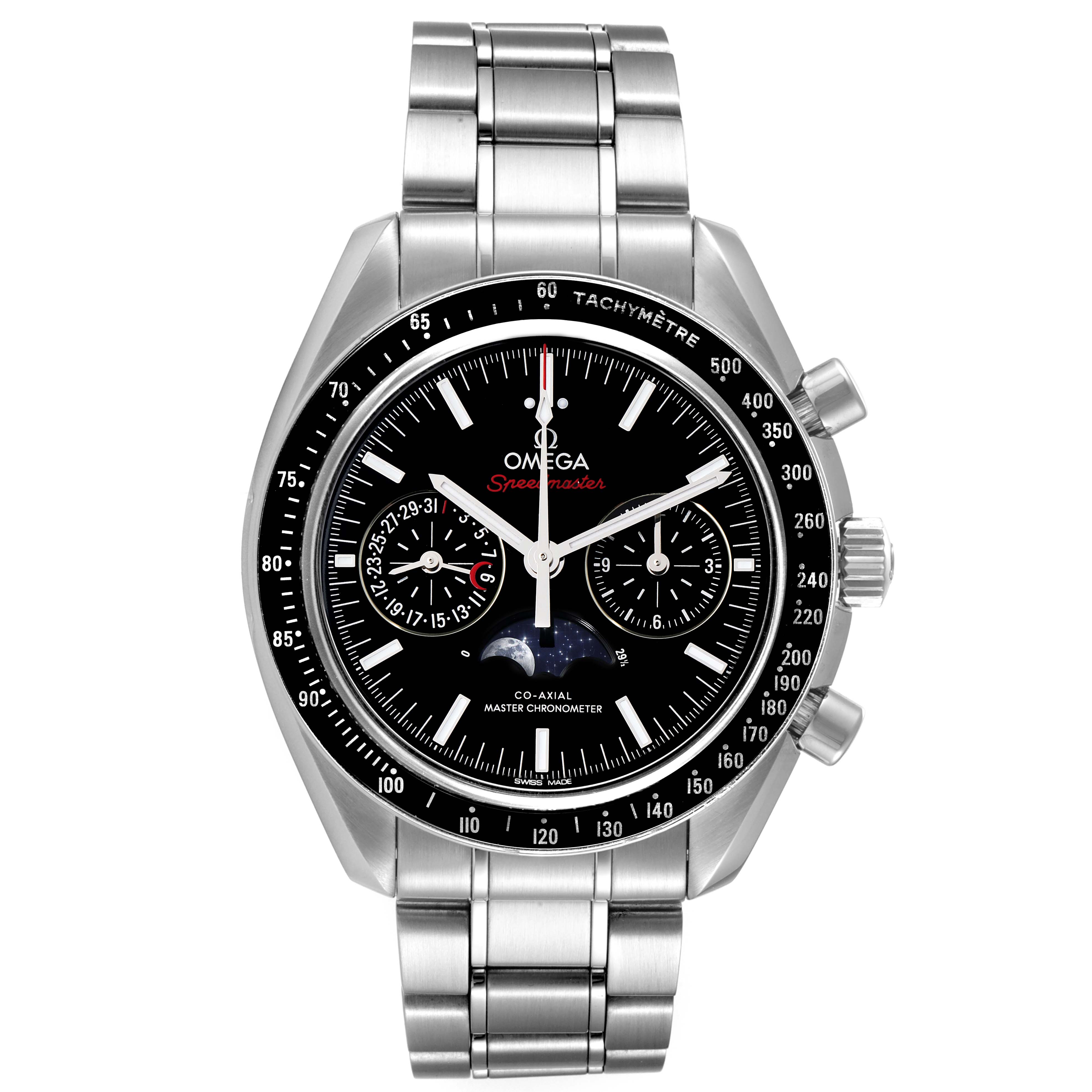 The image shows a front view of an Omega Speedmaster 304.30.44.52.01.001 Men
s Stainless Steel Black Dial 304.30.44.52.01.001 Men
s Stainless Steel Black Dial watch with a steel bracelet and detailed dial features.