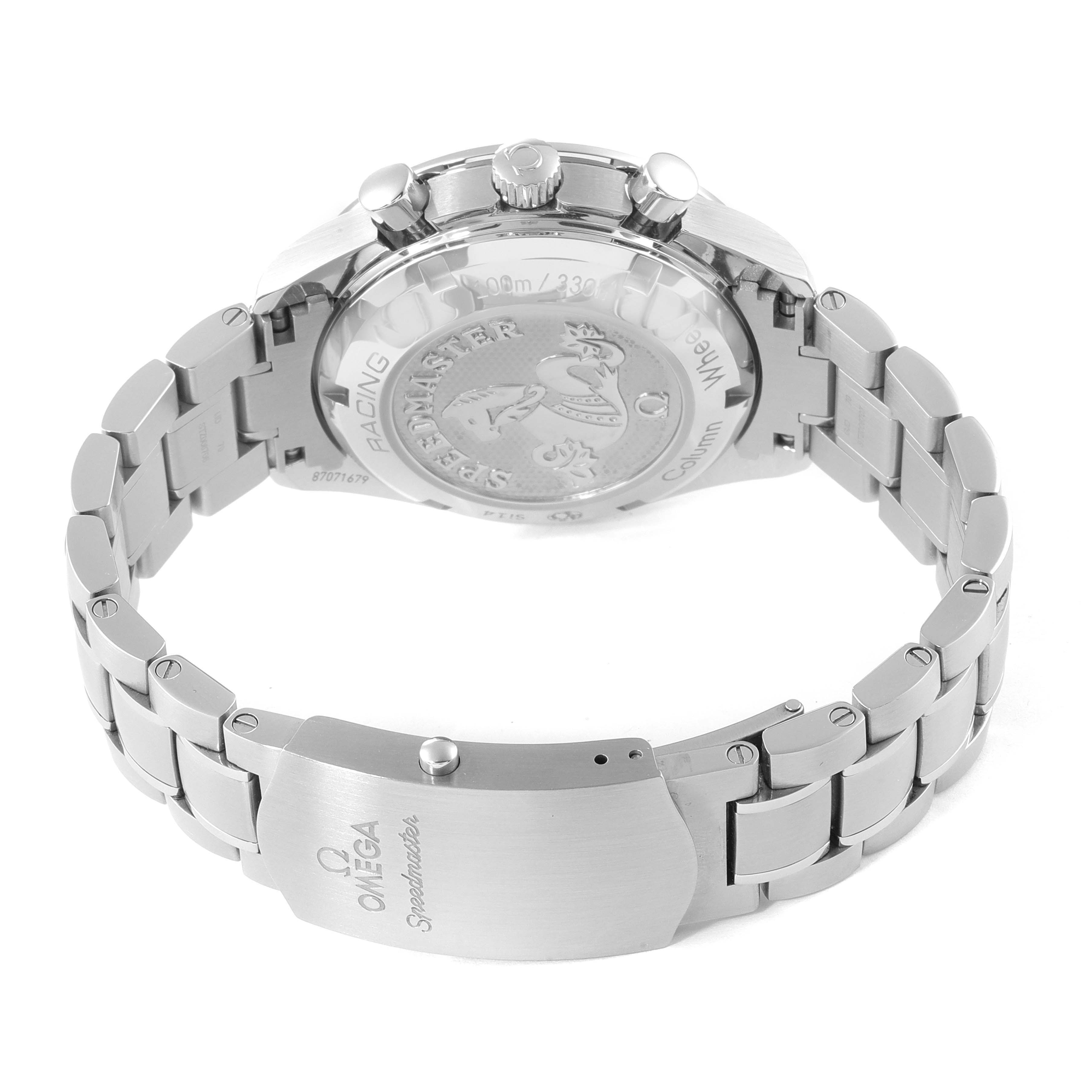 The image shows the back view of an Omega Speedmaster 326.30.40.50.01.002 Men
s Stainless Steel Black Dial 326.30.40.50.01.002 Men
s Stainless Steel Black Dial watch, highlighting its bracelet, clasp, and case back.