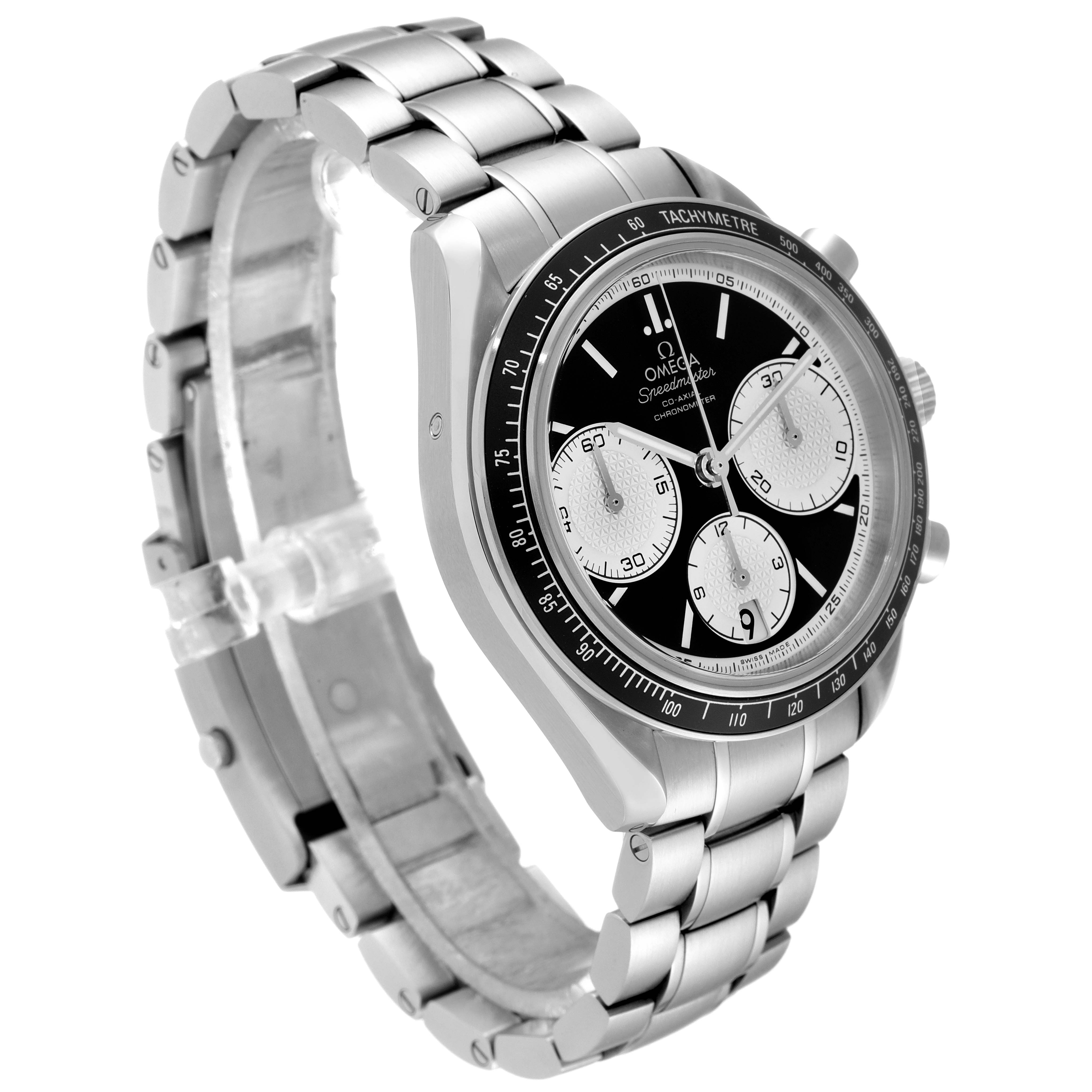 The image shows an Omega Speedmaster 326.30.40.50.01.002 Men
s Stainless Steel Black Dial 326.30.40.50.01.002 Men
s Stainless Steel Black Dial watch at a three-quarter angle, displaying the dial, bezel, and metal bracelet.