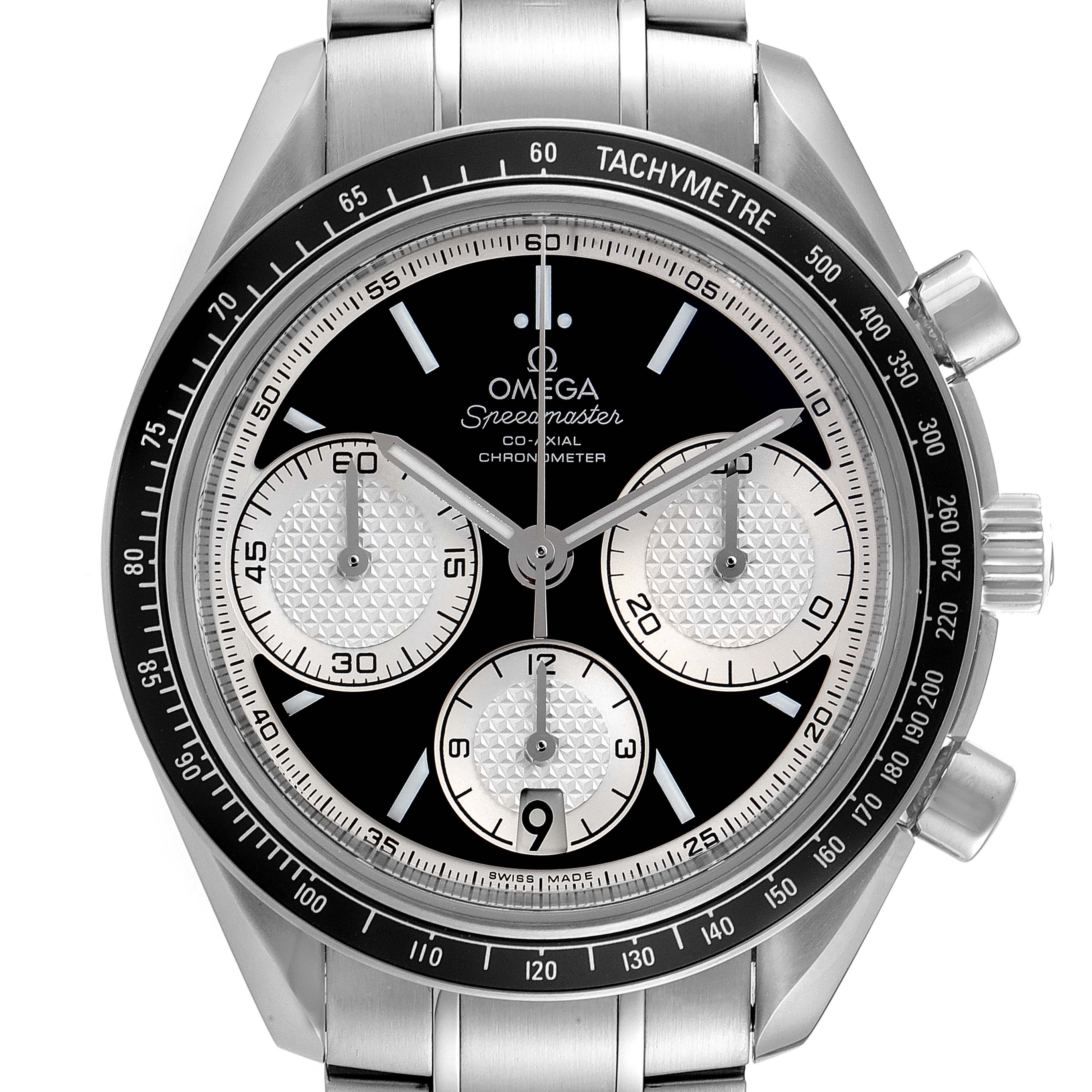 This image shows a front view of the Omega Speedmaster 326.30.40.50.01.002 Men
s Stainless Steel Black Dial 326.30.40.50.01.002 Men
s Stainless Steel Black Dial, including the dial, bezel, and pushers.