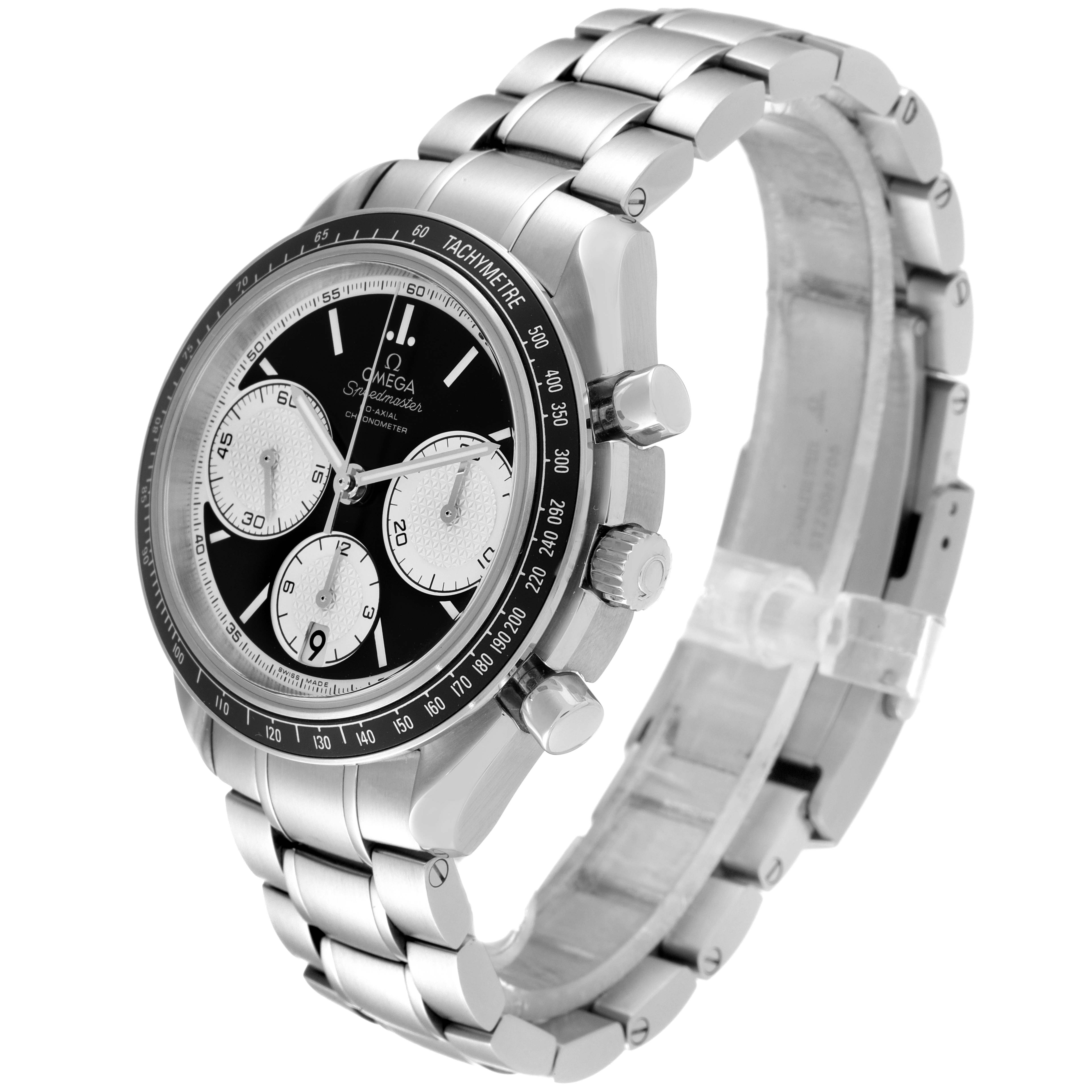 This image shows the Omega Speedmaster 326.30.40.50.01.002 Men
s Stainless Steel Black Dial 326.30.40.50.01.002 Men
s Stainless Steel Black Dial watch from a front-side angle, displaying its face, bezel, crown, pushers, and bracelet.