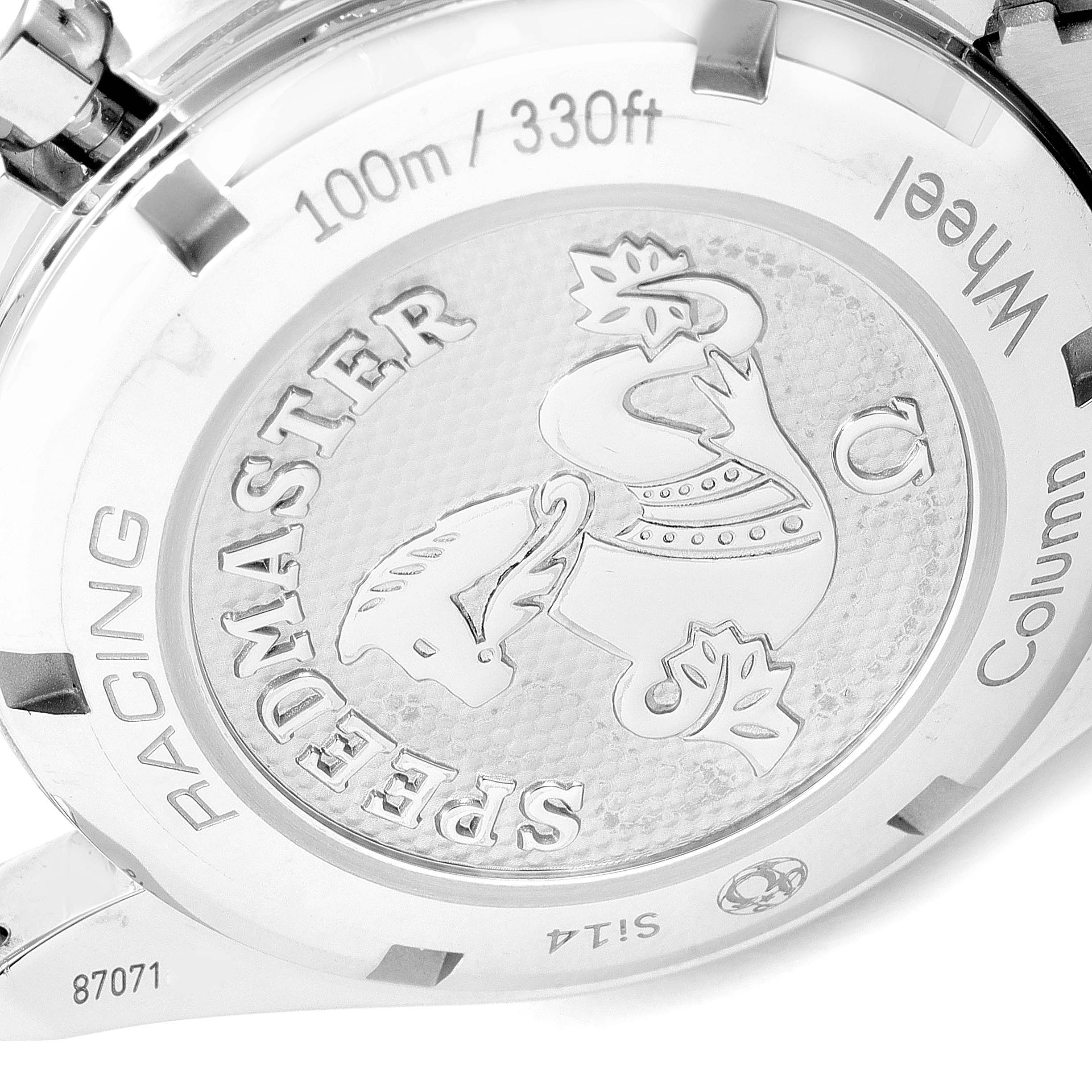 This image shows the back case of an Omega Speedmaster 326.30.40.50.01.002 Men
s Stainless Steel Black Dial 326.30.40.50.01.002 Men
s Stainless Steel Black Dial watch, highlighting engravings and model markings.