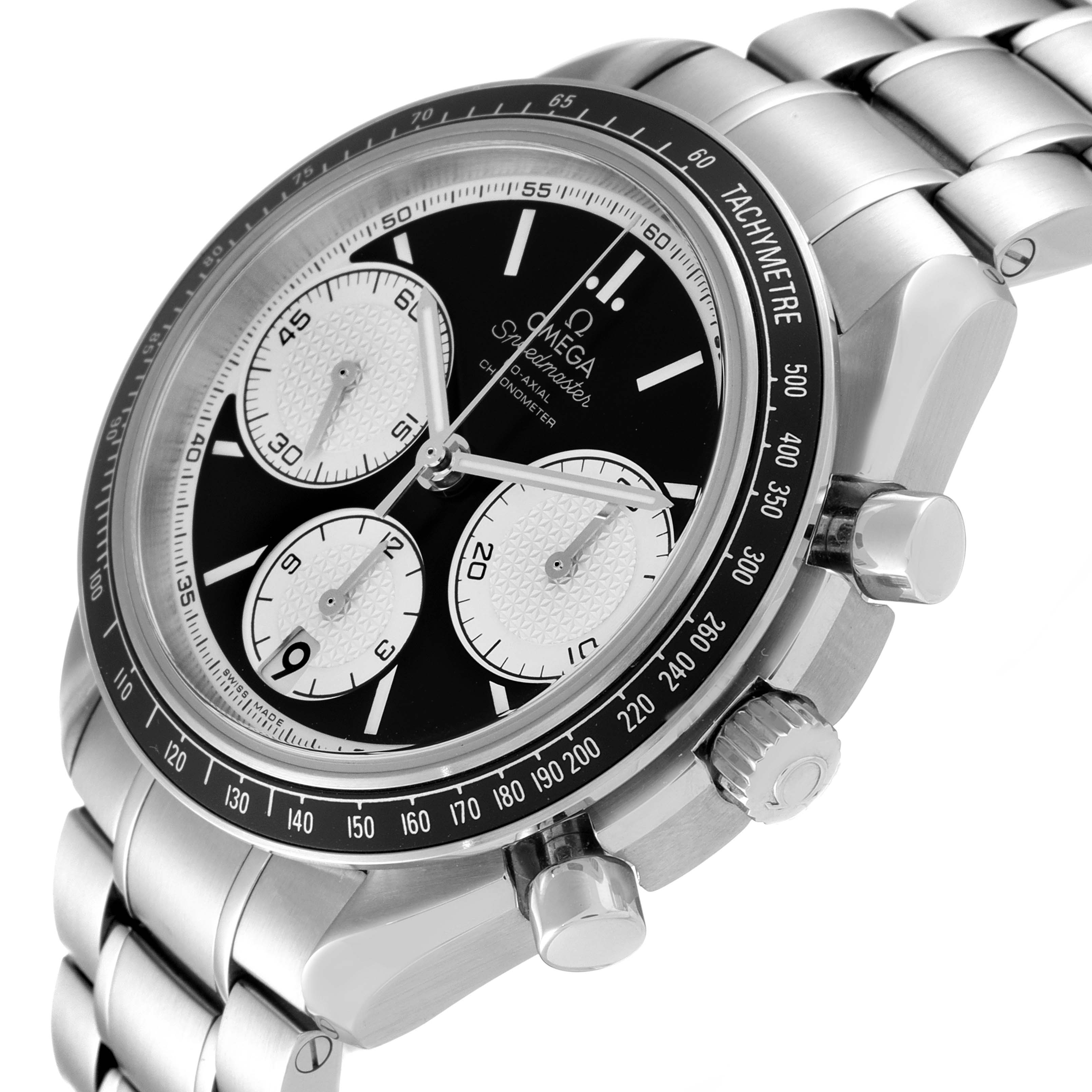 The image shows a close-up side angle of an Omega Speedmaster 326.30.40.50.01.002 Men
s Stainless Steel Black Dial 326.30.40.50.01.002 Men
s Stainless Steel Black Dial watch, highlighting its dial, bezel, pushers, and bracelet.