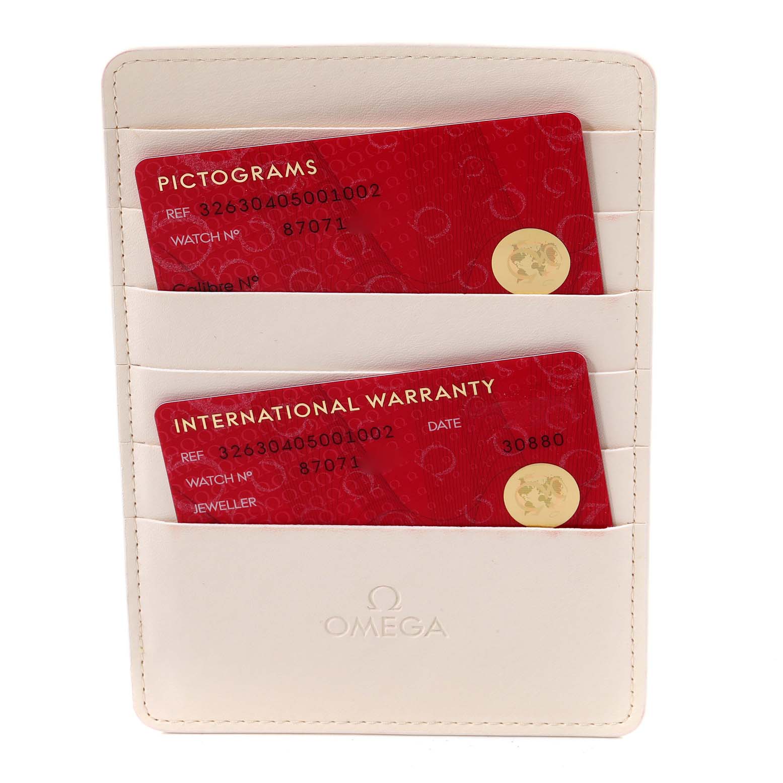 The image shows the warranty and pictogram cards for an Omega Speedmaster 326.30.40.50.01.002 Men
s Stainless Steel Black Dial 326.30.40.50.01.002 Men
s Stainless Steel Black Dial watch, placed in a branded cardholder.