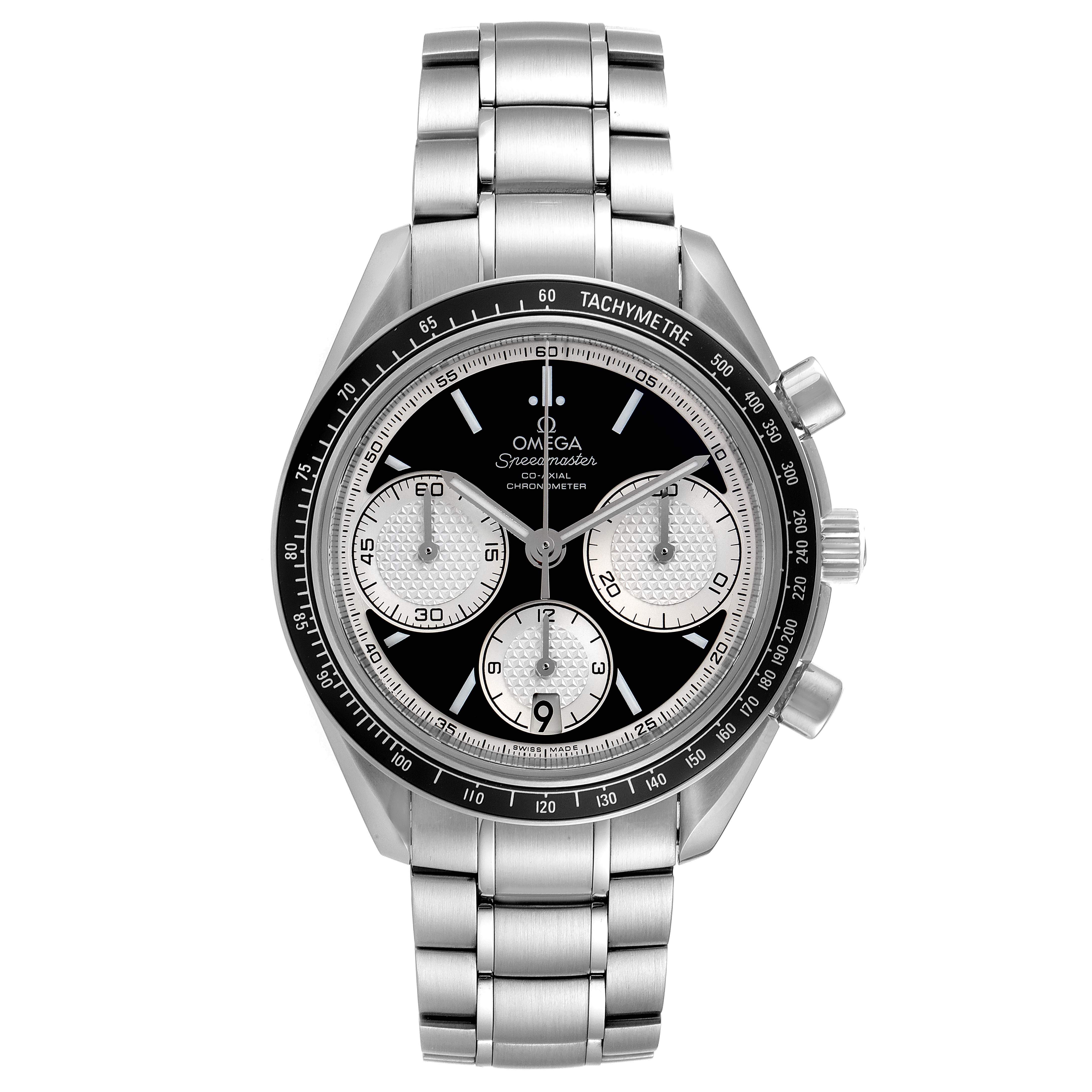 This image shows a front view of an Omega Speedmaster 326.30.40.50.01.002 Men
s Stainless Steel Black Dial 326.30.40.50.01.002 Men
s Stainless Steel Black Dial watch, displaying the face, bezel, chronograph subdials, and bracelet.