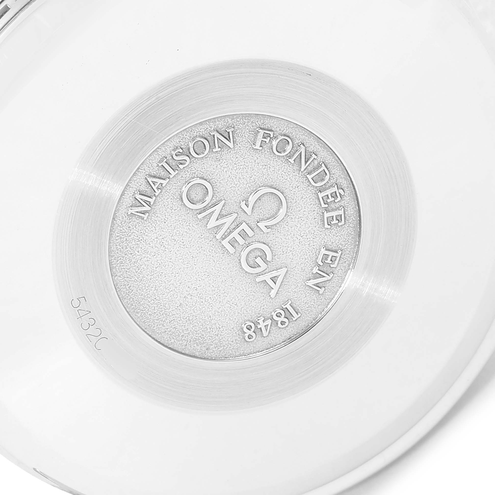 This is an image of the engraved back case of an Omega Speedmaster 3330.20.00 Men's Steel and Gold (two tone) White Dial 3330.20.00 Men's Steel and Gold (two tone) White Dial watch, showcasing the Omega brand and founding year.