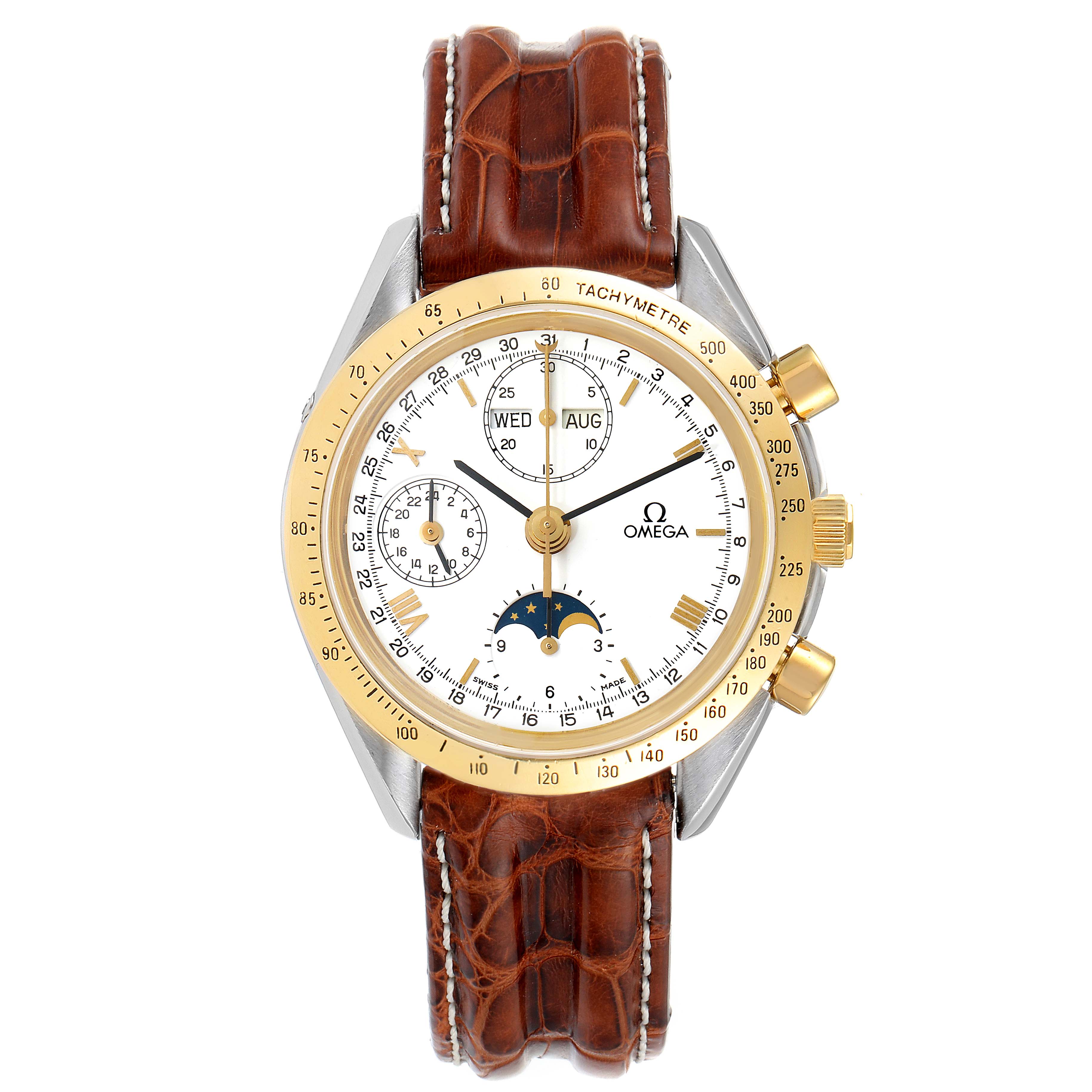 The image shows a front view of an Omega Speedmaster 3330.20.00 Men's Steel and Gold (two tone) White Dial 3330.20.00 Men's Steel and Gold (two tone) White Dial watch with a brown leather strap and gold detailing on the bezel.