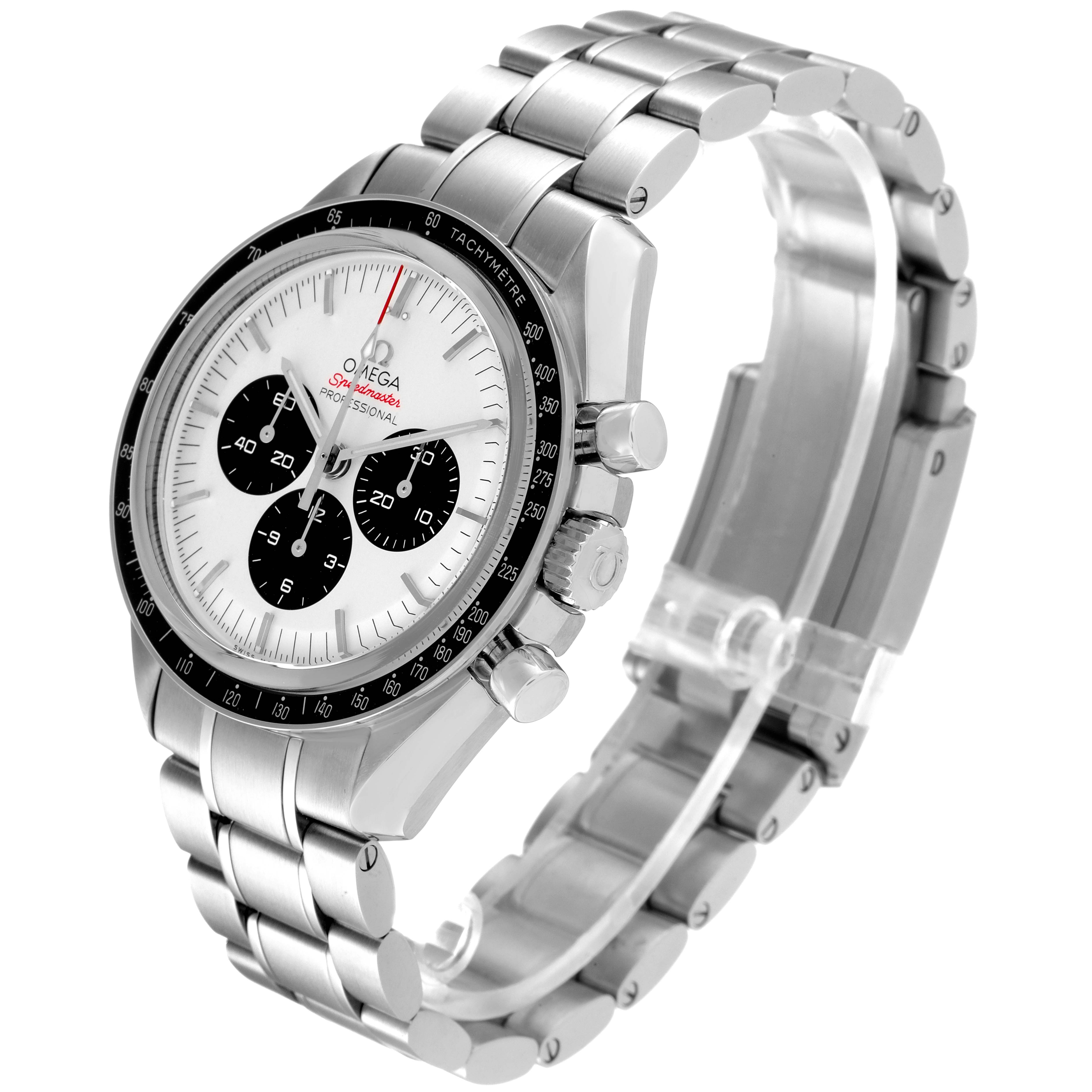 The Omega Speedmaster 522.30.42.30.04.001 Men's Stainless Steel White Dial 522.30.42.30.04.001 Men's Stainless Steel White Dial watch is shown at a three-quarter angle, displaying its face, bezel, crown, chronograph buttons, and bracelet.