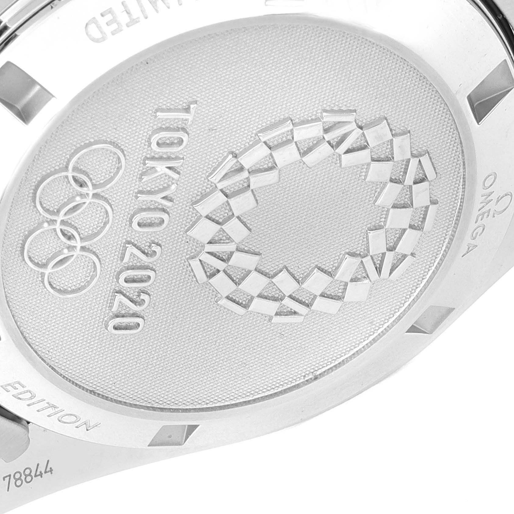 This image shows the case back of an Omega Speedmaster 522.30.42.30.04.001 Men's Stainless Steel White Dial 522.30.42.30.04.001 Men's Stainless Steel White Dial watch commemorating the Tokyo 2020 Olympics.