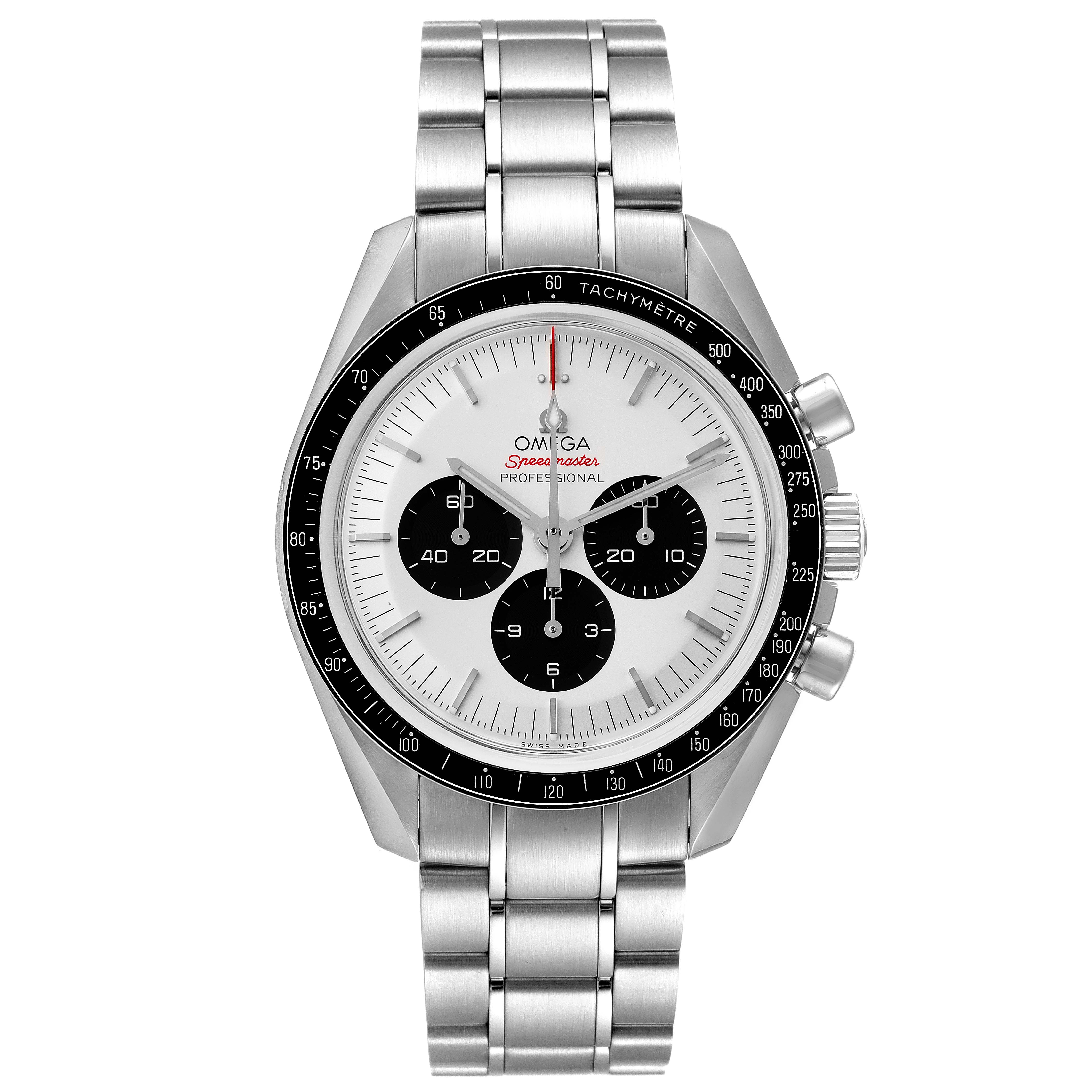 The image shows a frontal view of an Omega Speedmaster 522.30.42.30.04.001 Men's Stainless Steel White Dial 522.30.42.30.04.001 Men's Stainless Steel White Dial, highlighting the dial, chronograph subdials, bezel, and metal bracelet.