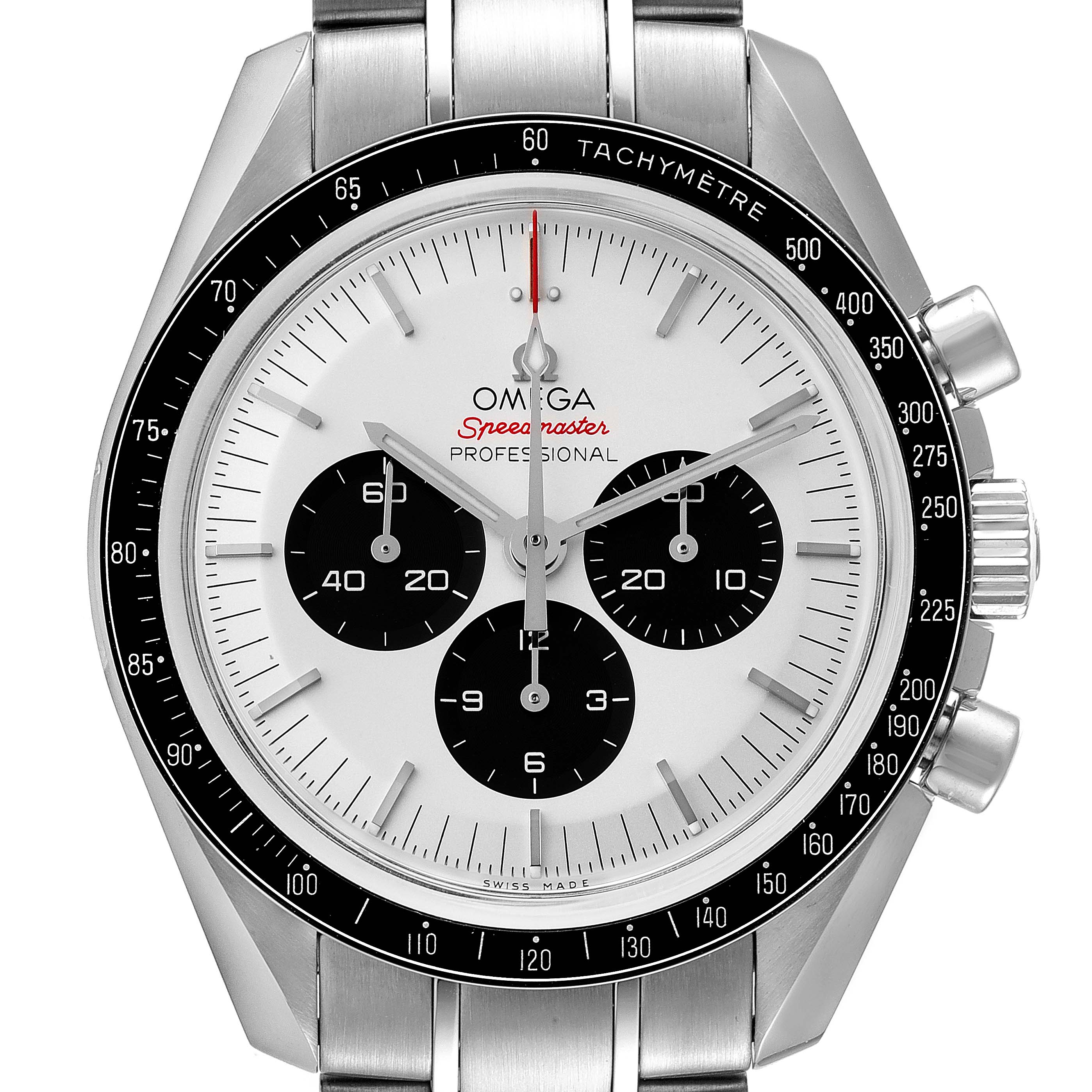 The image shows a front view of an Omega Speedmaster 522.30.42.30.04.001 Men's Stainless Steel White Dial 522.30.42.30.04.001 Men's Stainless Steel White Dial watch, highlighting the dial, subdials, tachymeter, and part of the bracelet.