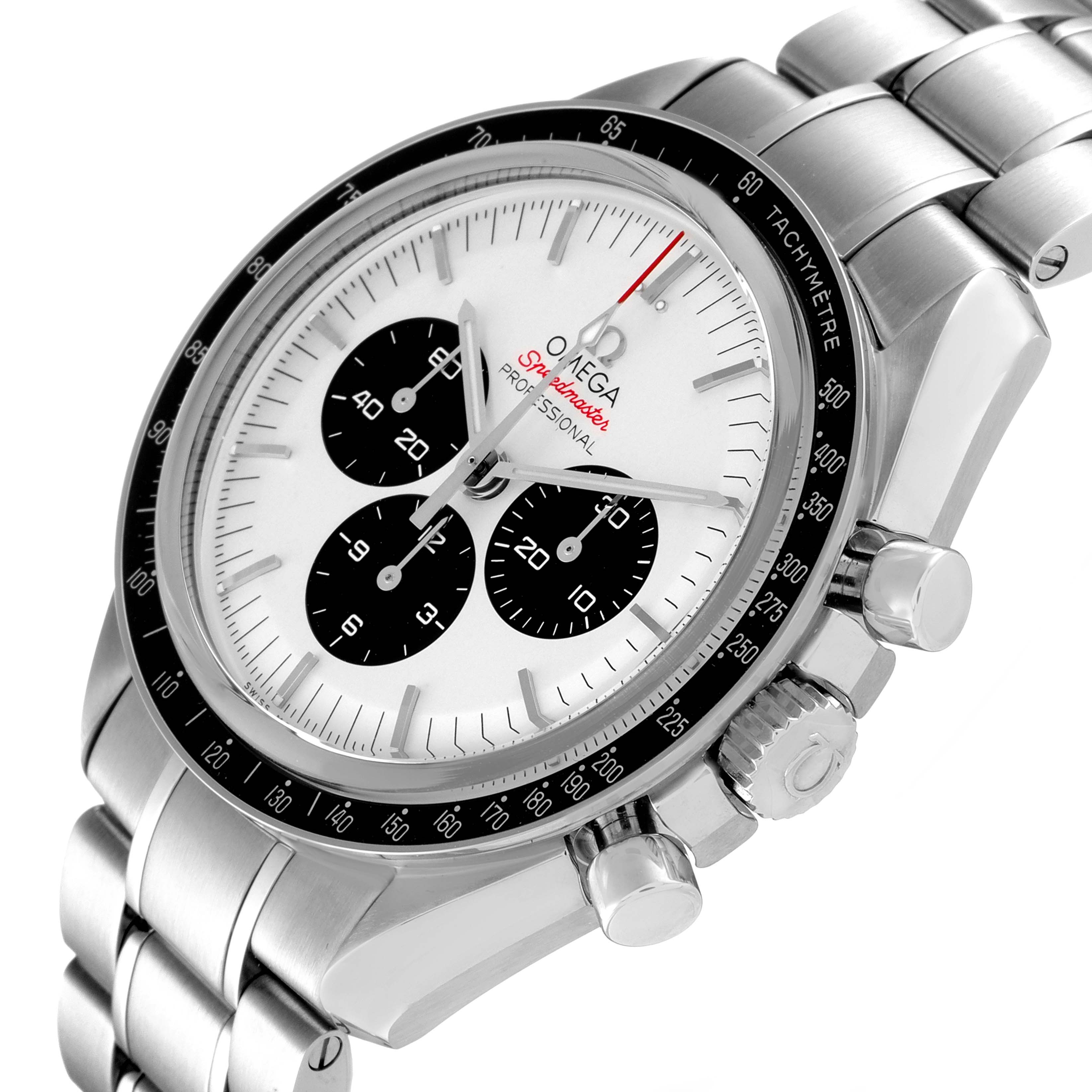 The image shows an Omega Speedmaster 522.30.42.30.04.001 Men's Stainless Steel White Dial 522.30.42.30.04.001 Men's Stainless Steel White Dial watch viewed from an angled side profile, highlighting its dial, crown, pushers, and tachymeter bezel.