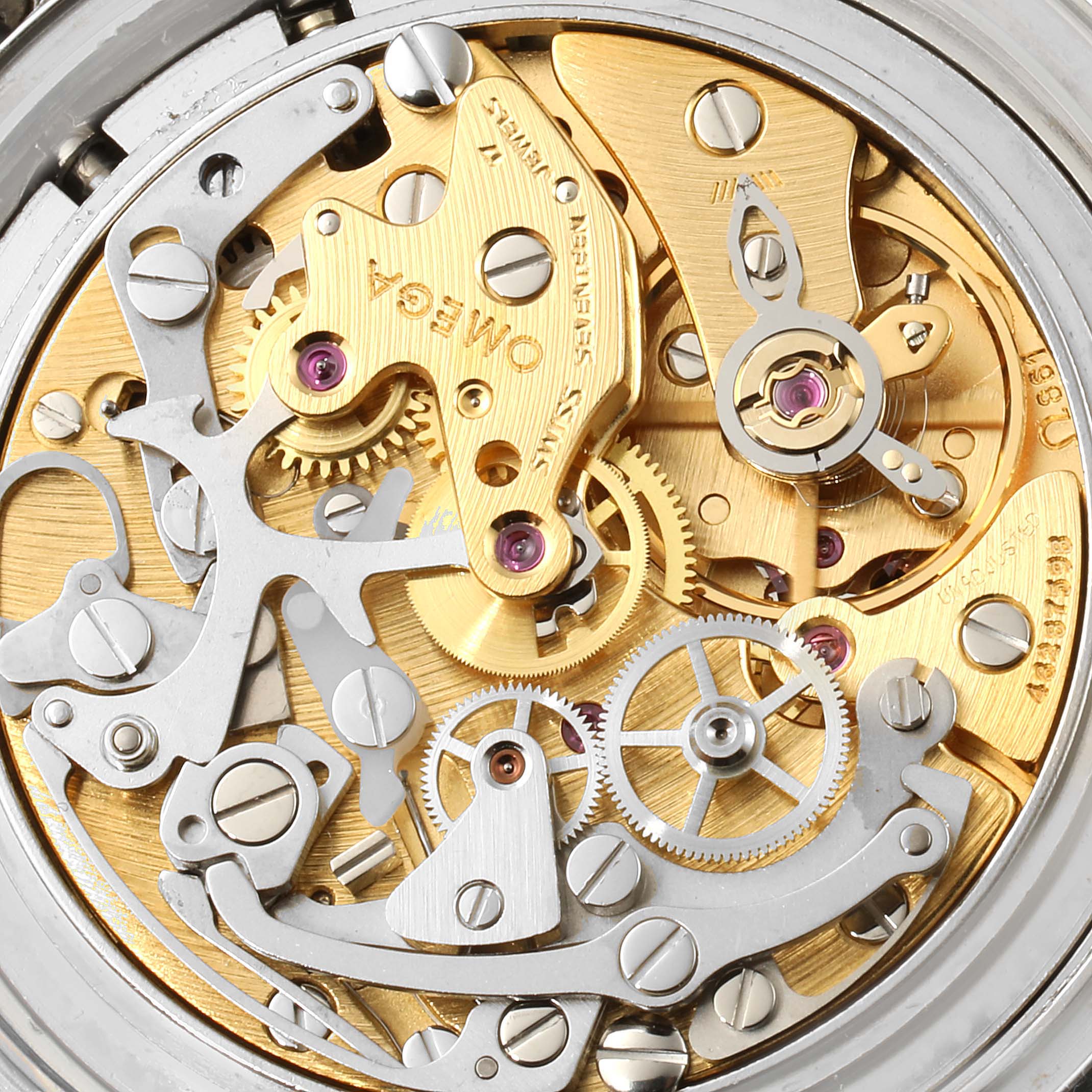 This close-up image shows the intricate internal mechanics of the Omega Speedmaster 145.022 Men's Stainless Steel Black Dial 145.022 Men's Stainless Steel Black Dial watch movement.