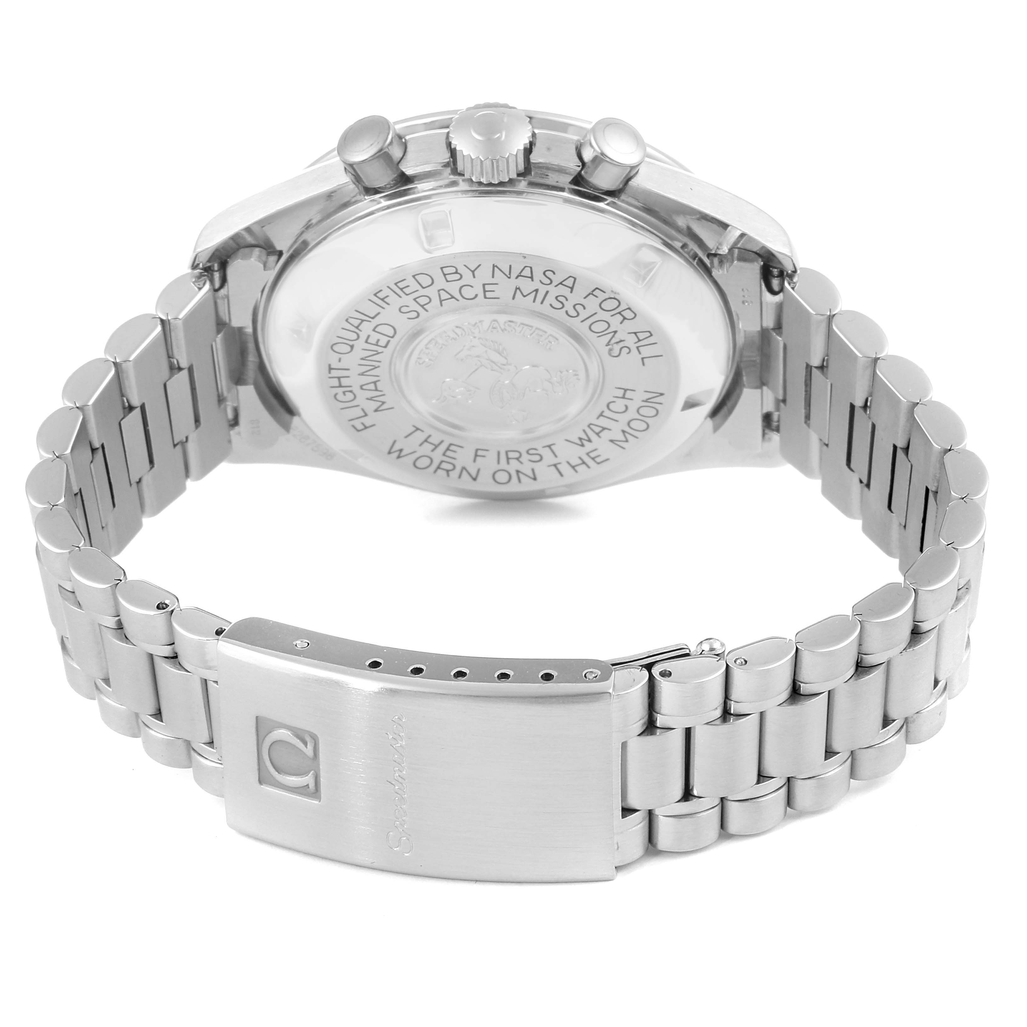 The image shows the back case and bracelet of an Omega Speedmaster 145.022 Men's Stainless Steel Black Dial 145.022 Men's Stainless Steel Black Dial watch at a rear angle.